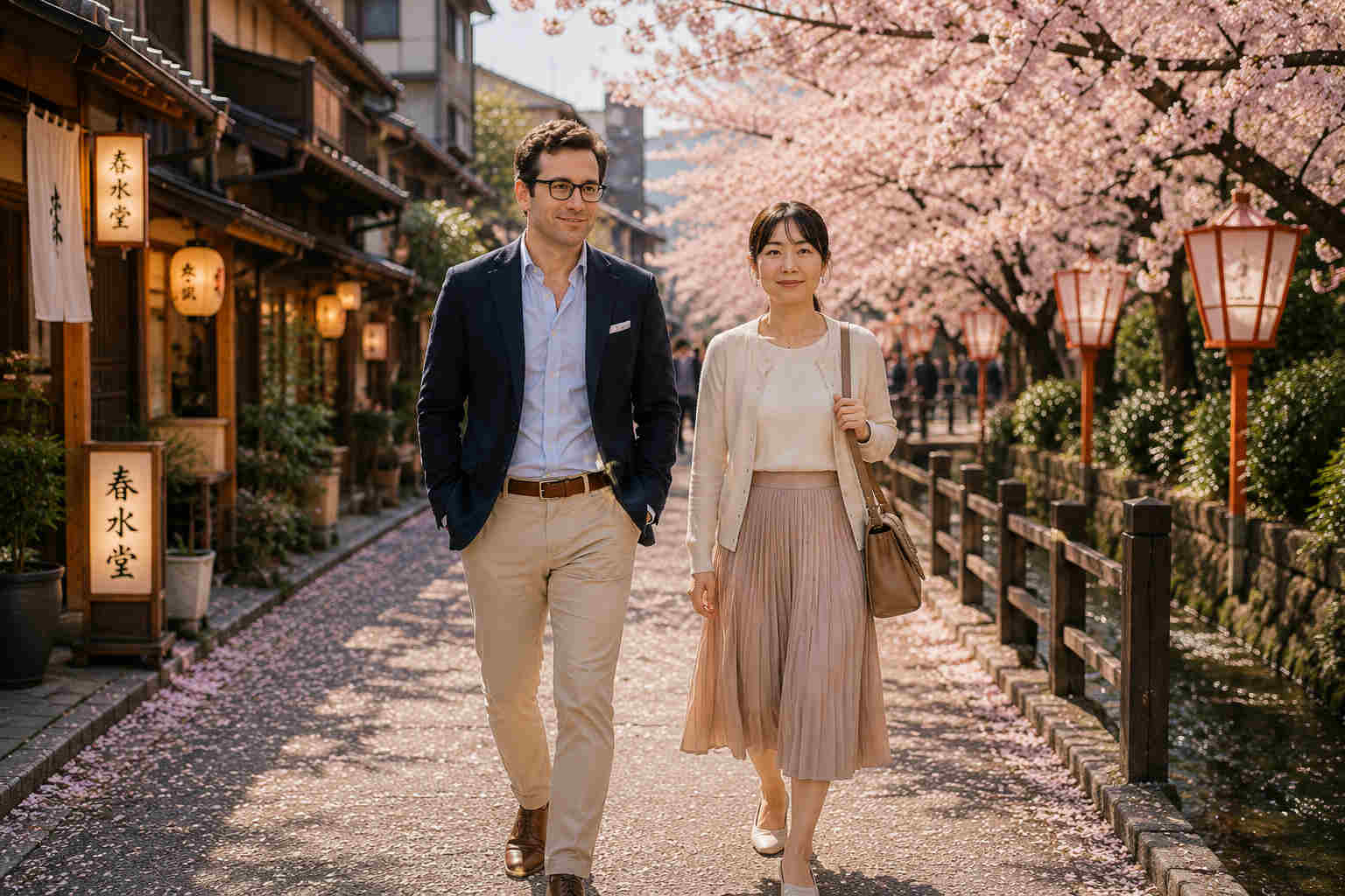 Western man and Japanese woman walking through a historic Japanese street with cherry blossoms
