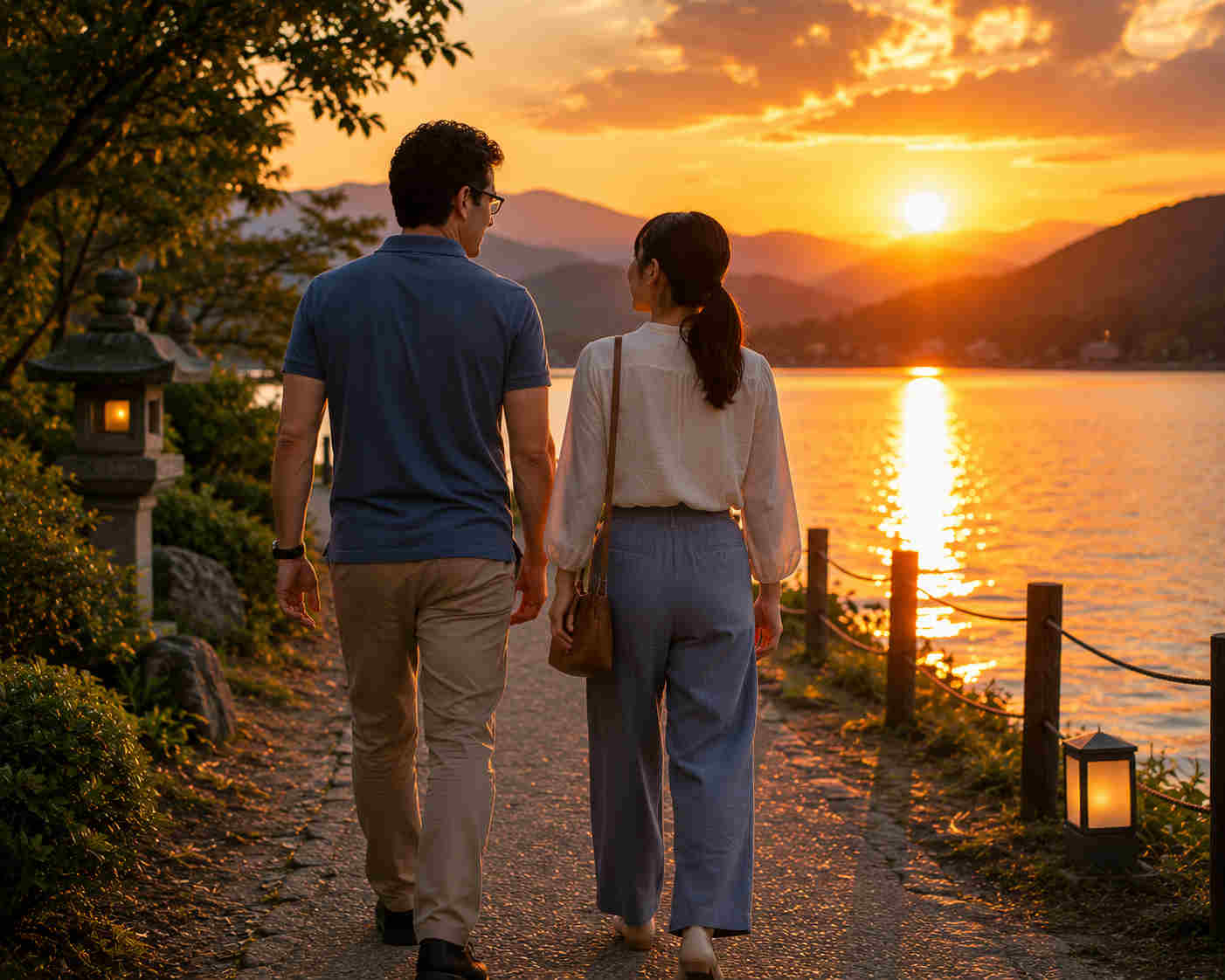 Couple walking together from behind toward a sunset reflected on a Japanese lake