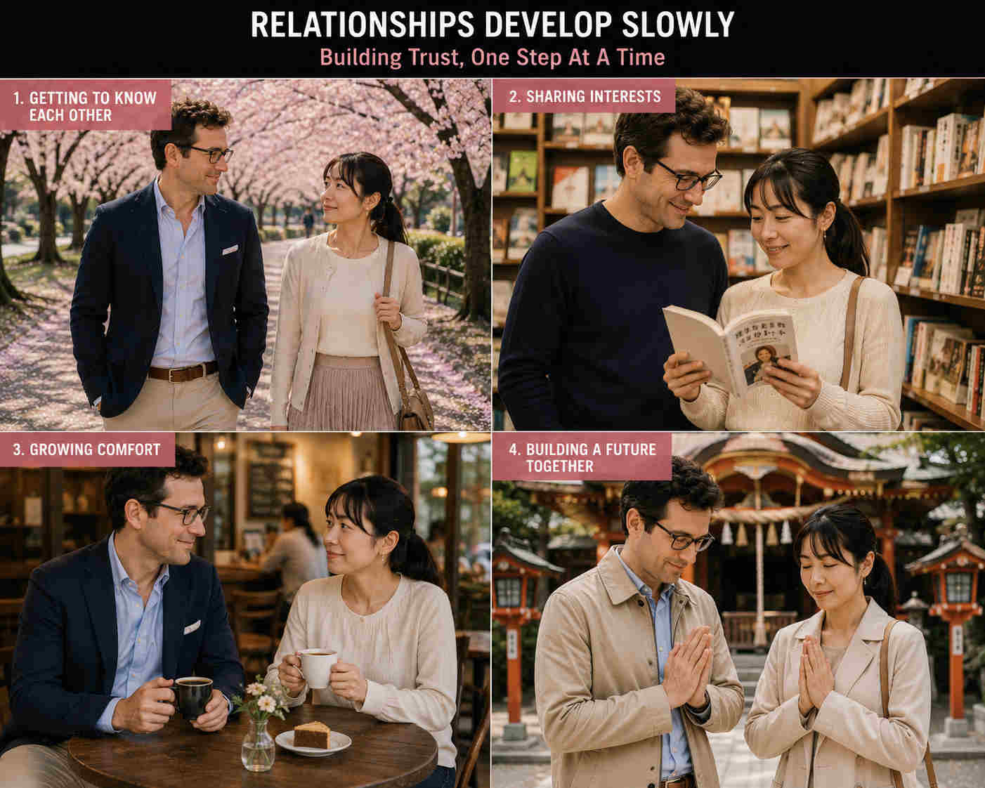 Four-panel collage of a couple gradually developing a relationship through park, bookstore, cafe, and shrine dates in Japan