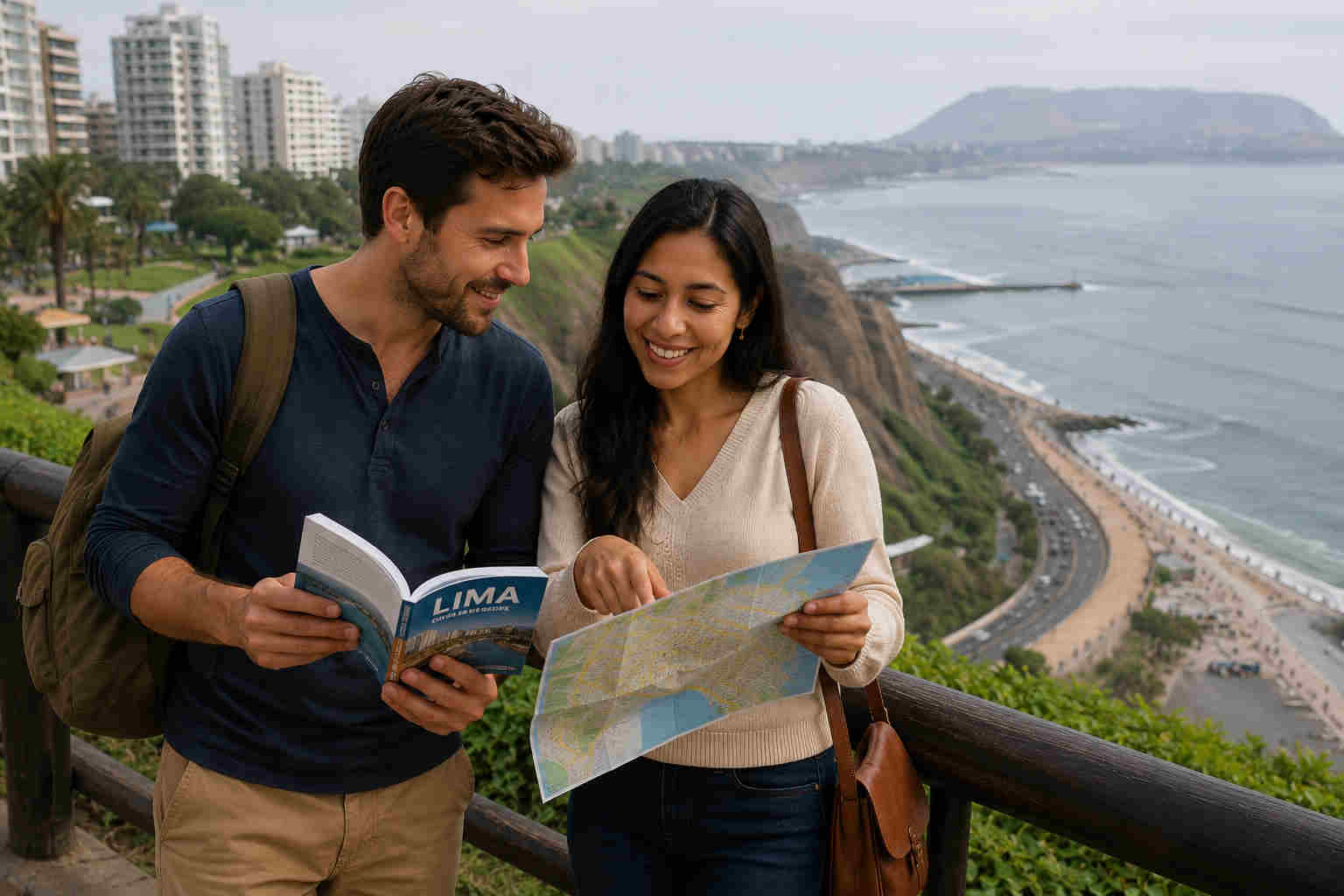 A couple overlooking Miraflores Malecón in Lima while looking at a travel guide and map