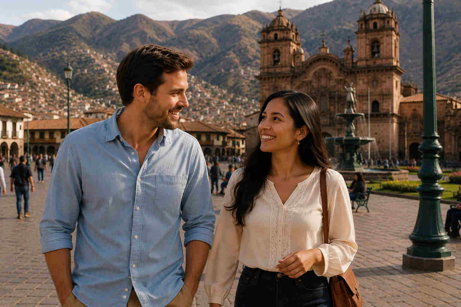 A foreign man and Peruvian woman walking through Plaza de Armas in Cusco during late afternoon