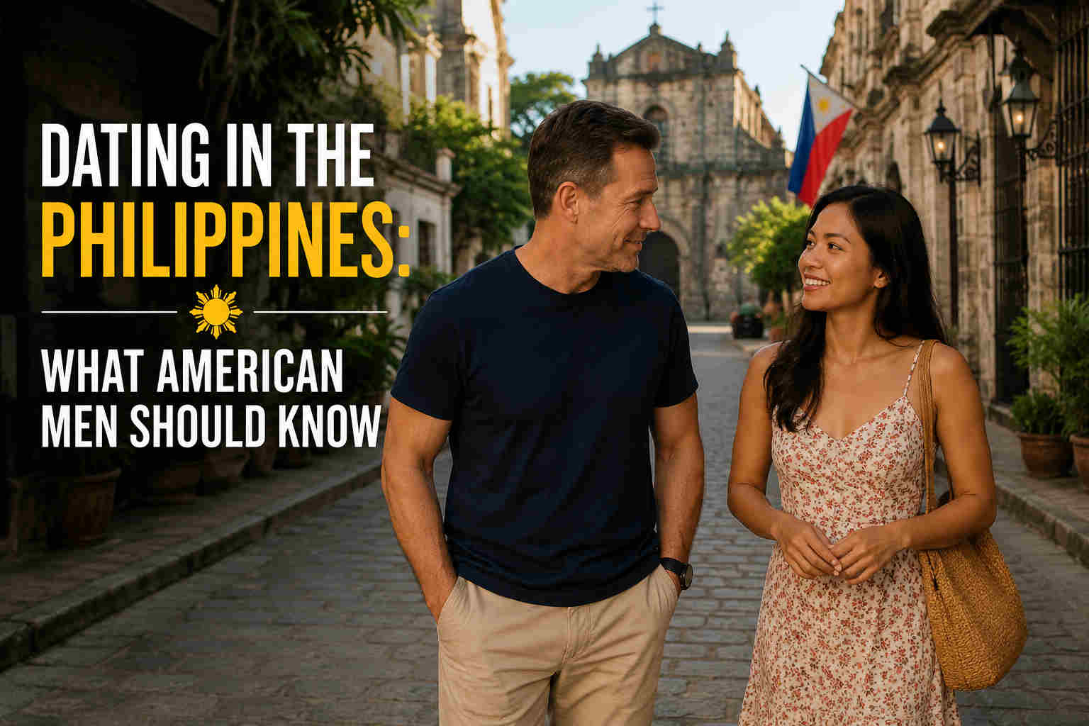 American man and Filipino woman walking through a historic street in the Philippines