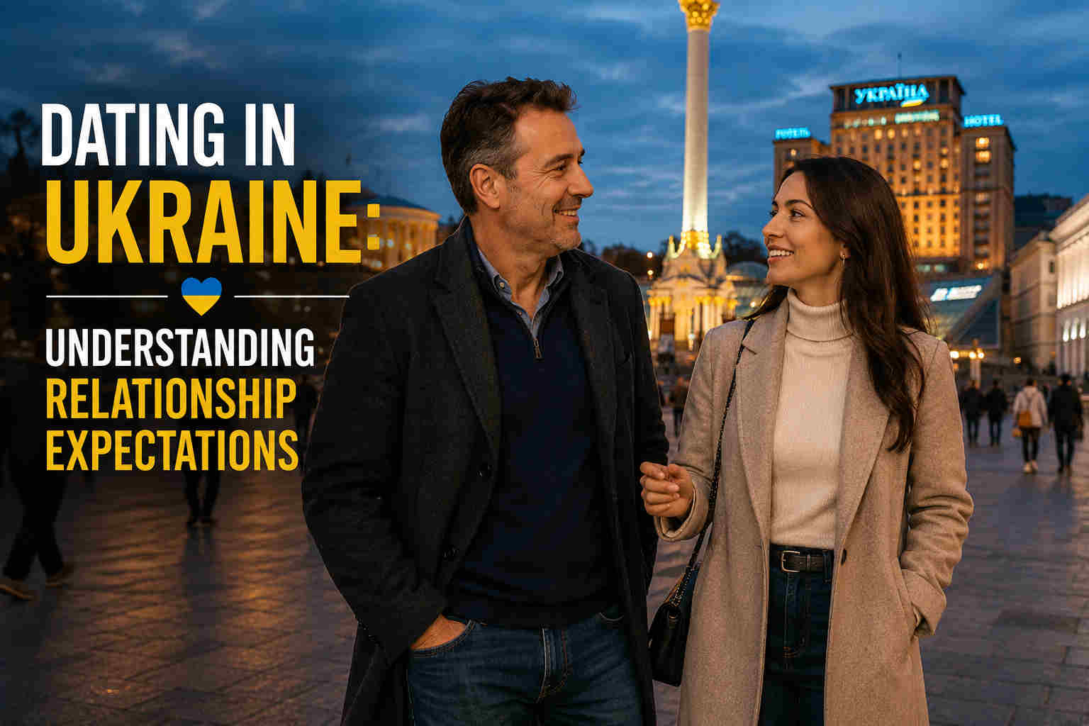 Man and Ukrainian woman walking through Kyiv Independence Square in the evening