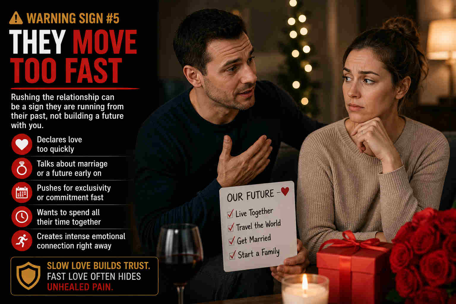 A couple dealing with the dating red flag of moving too fast in a relationship