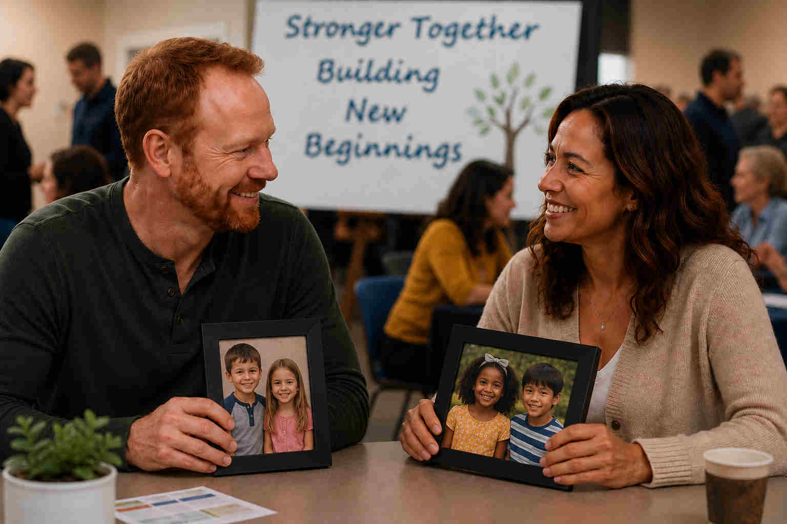 Divorced man and woman at a community event sharing photos of their children and life experiences