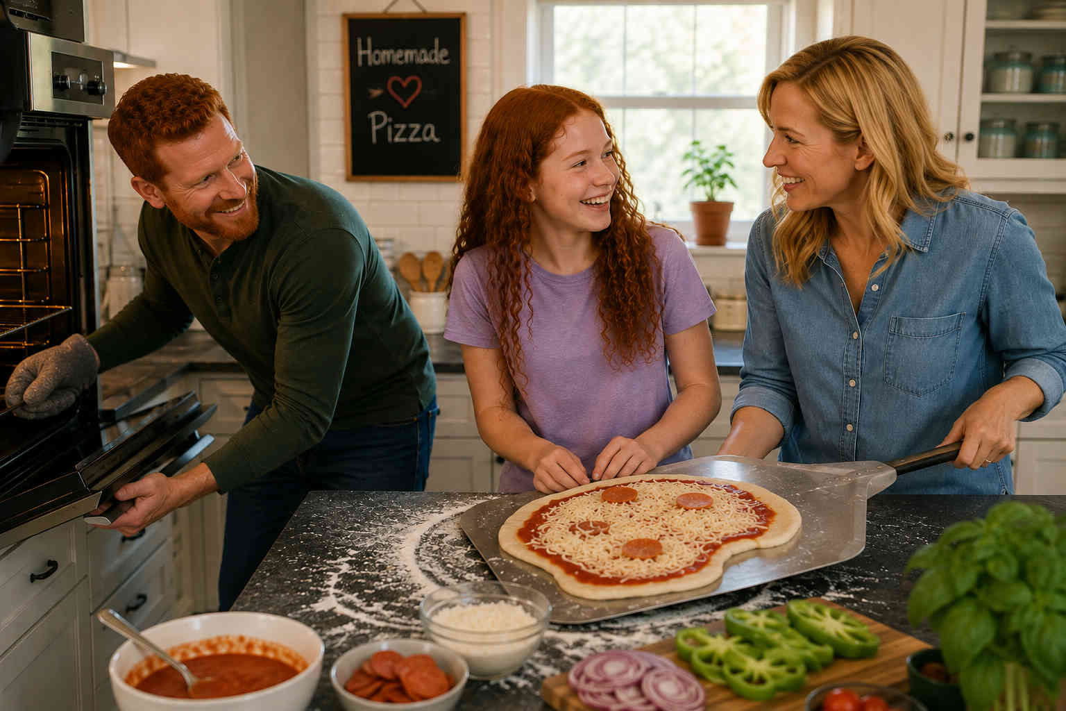 Red-haired daughter laughing naturally with her father's blonde girlfriend while making homemade pizza as Dad checks the oven