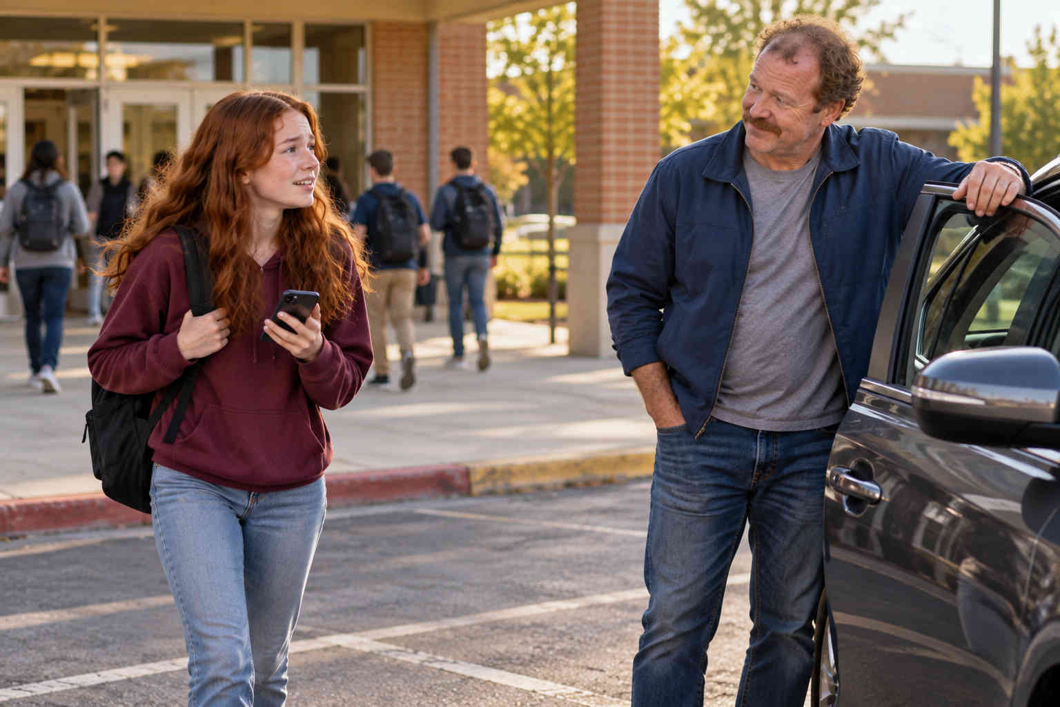 Worried teenage daughter leaving school and approaching her father who has arrived beside the car to pick her up