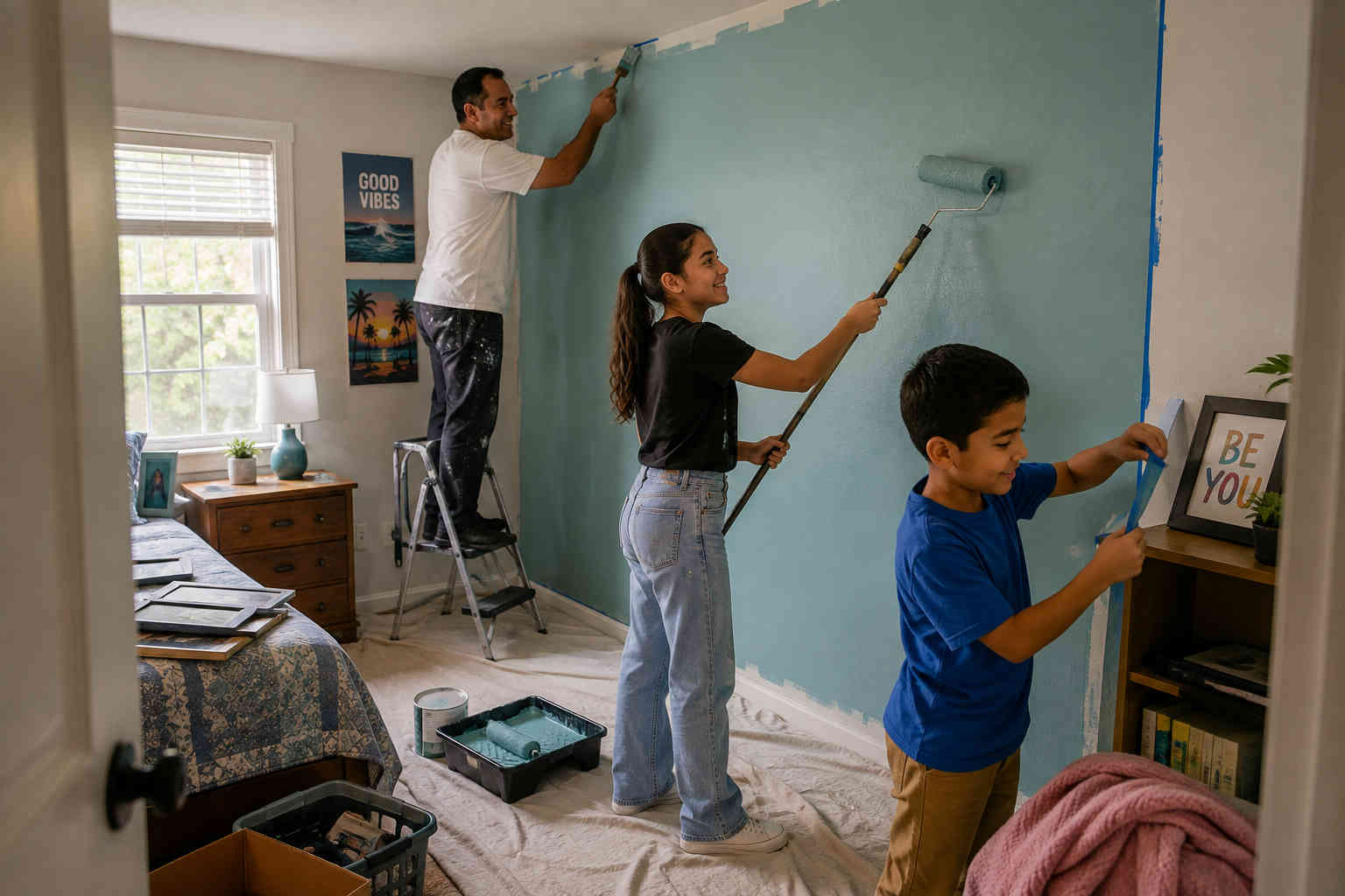 Father, daughter, and son painting a bedroom wall together so the daughter can make the room feel like her own at Dad's house
