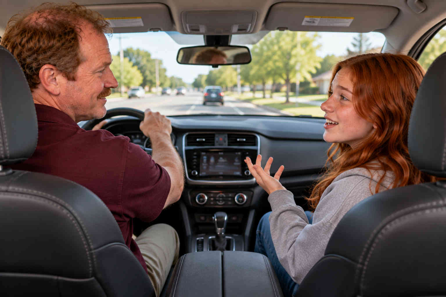 Father driving while his teenage daughter comfortably tells him about time at her mother's house