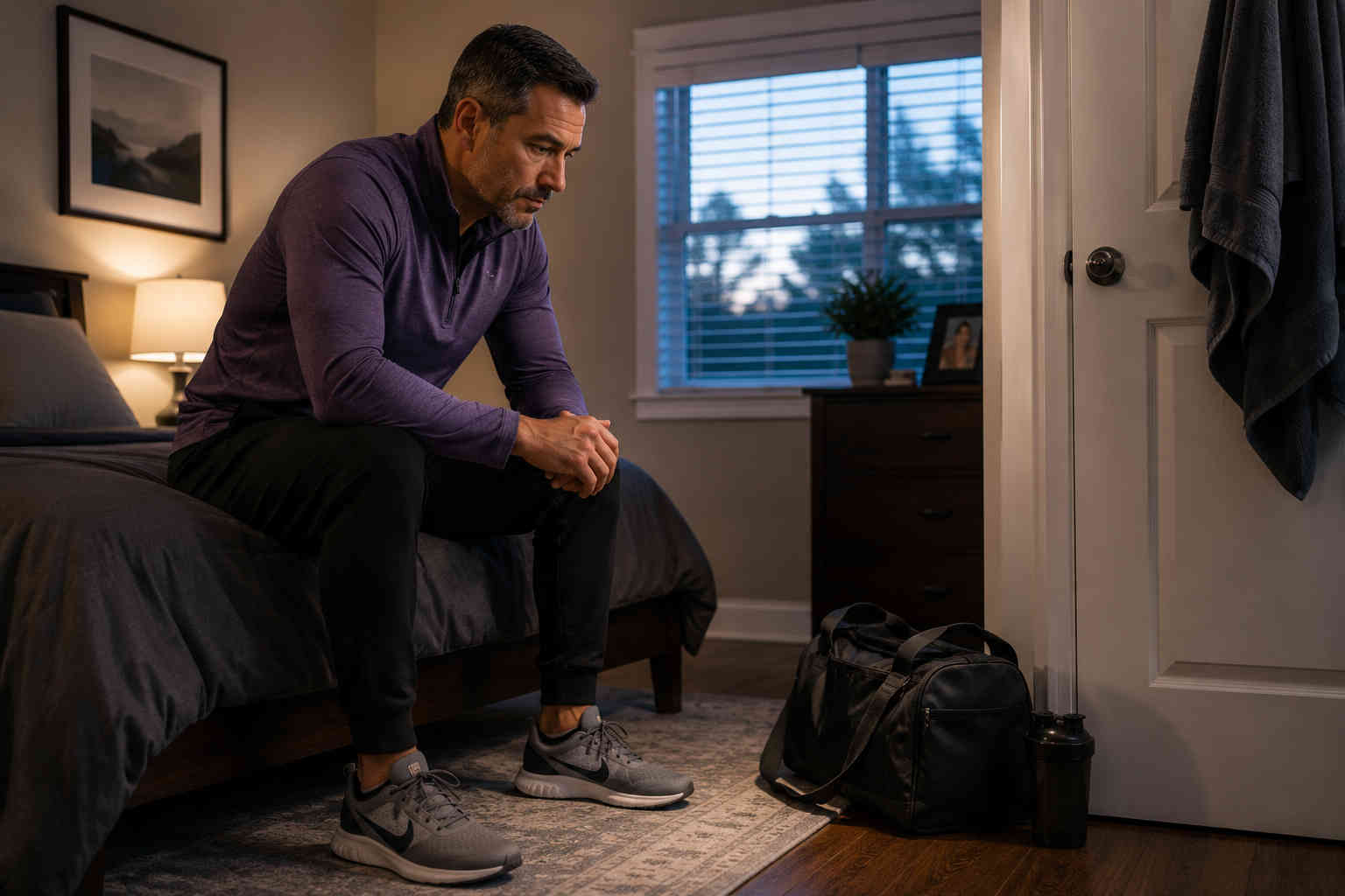 Middle-aged man already dressed for the gym sitting on the edge of his bed beside his workout bag on a low-motivation morning