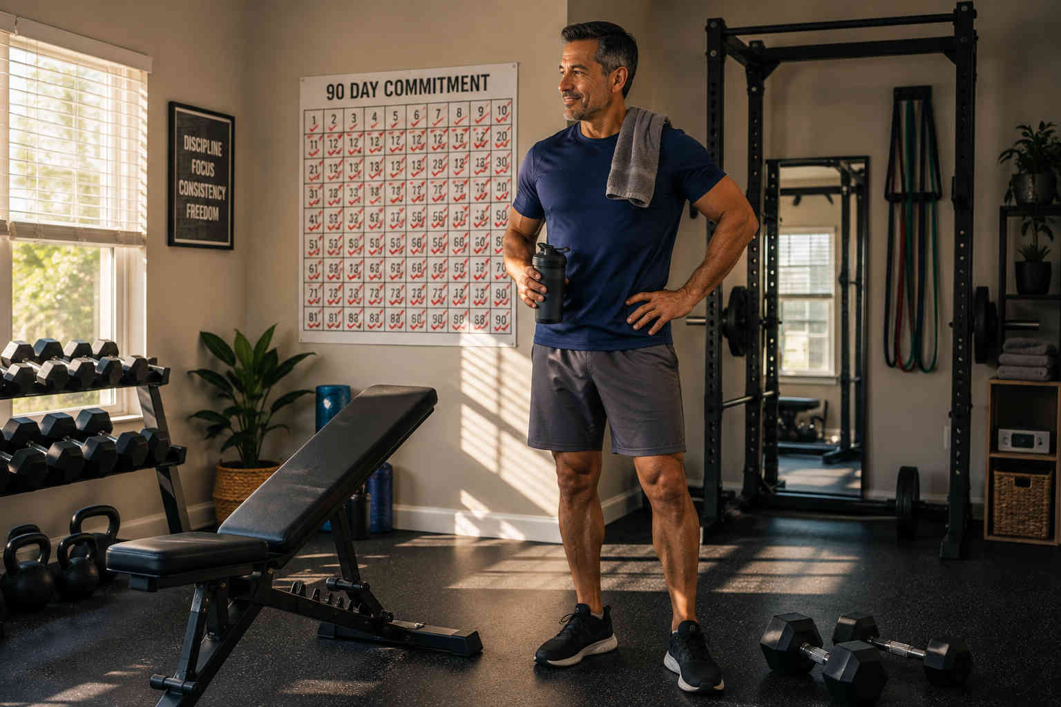 Middle-aged man standing in his home gym after completing his 90-day fitness commitment