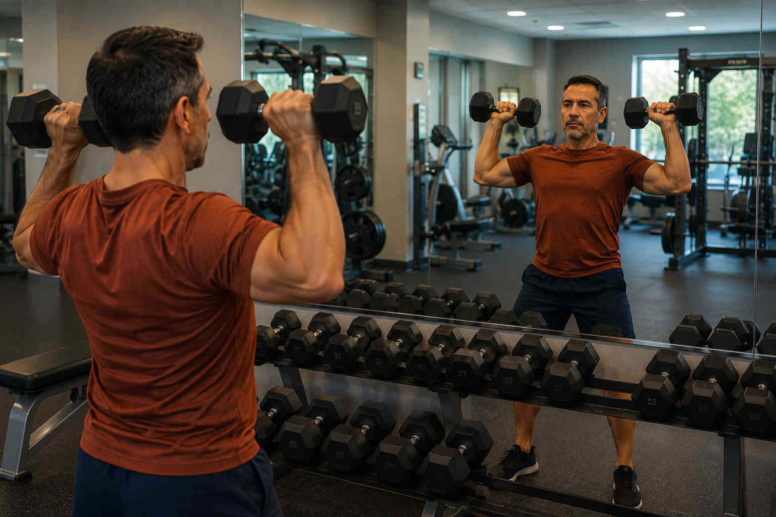 Middle-aged man performing a controlled dumbbell shoulder press while watching his form in a gym mirror