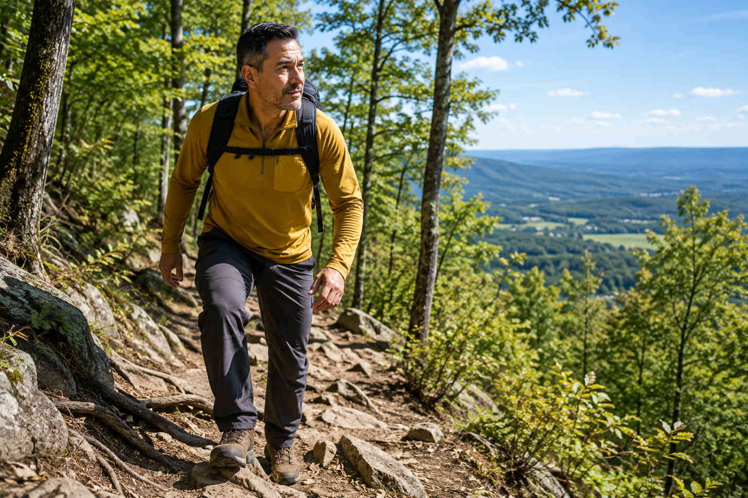 Middle-aged man hiking uphill on a wooded trail as improved fitness becomes part of an active life