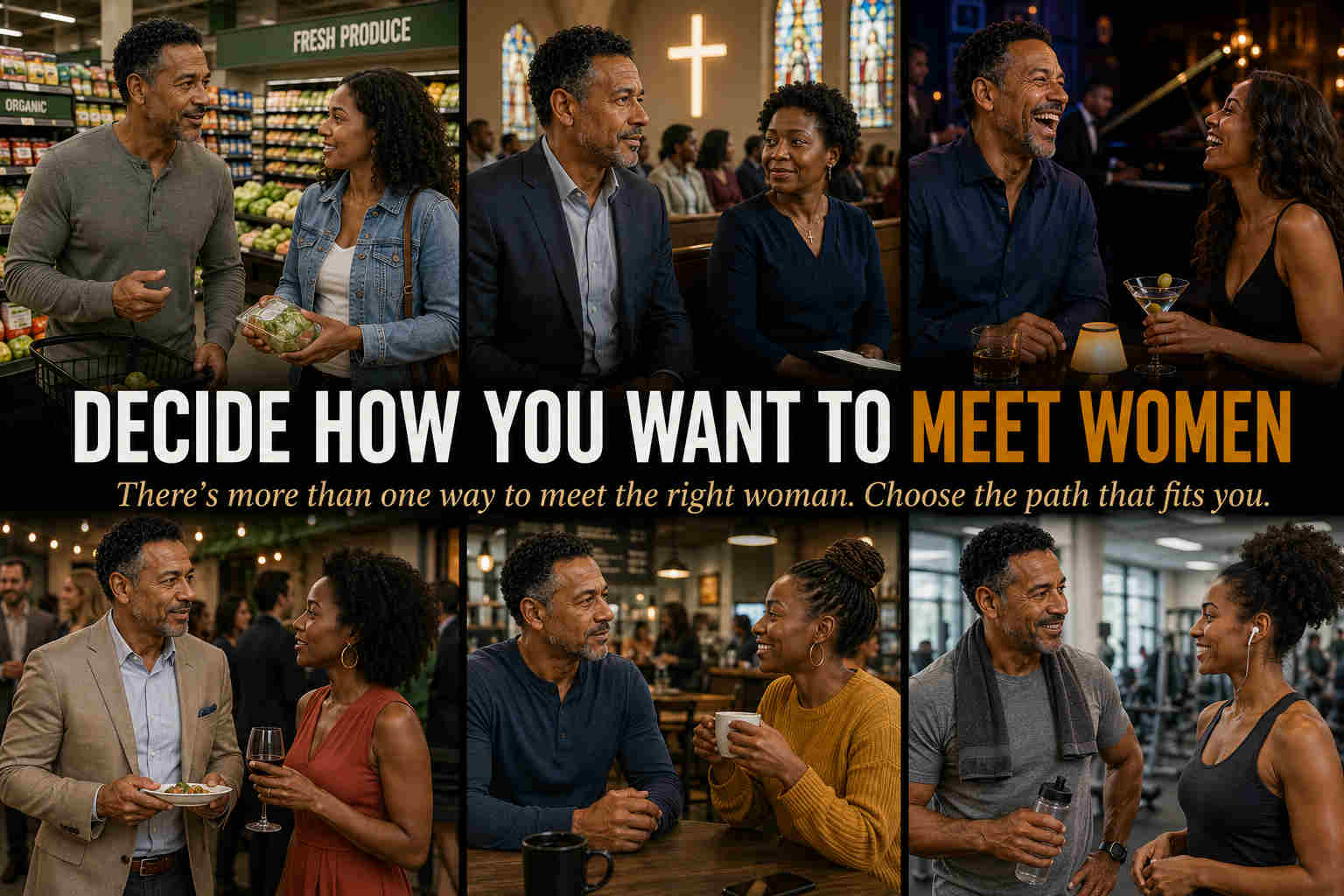 Collage of divorced man meeting women in different places after divorce