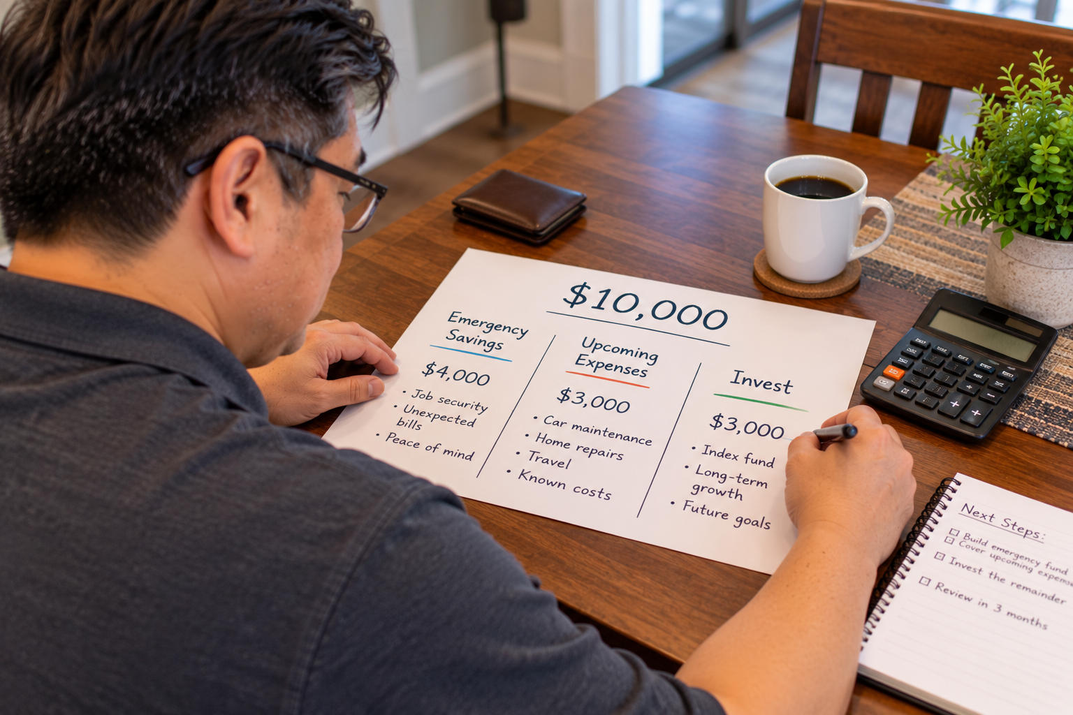 Over-the-shoulder view of a man dividing ten thousand dollars among emergency savings, upcoming expenses, and investing