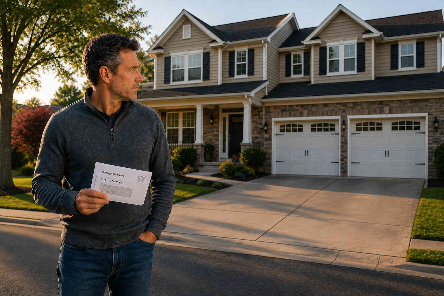 Divorced man holding mortgage and property tax mail while considering whether his large home is affordable on one income
