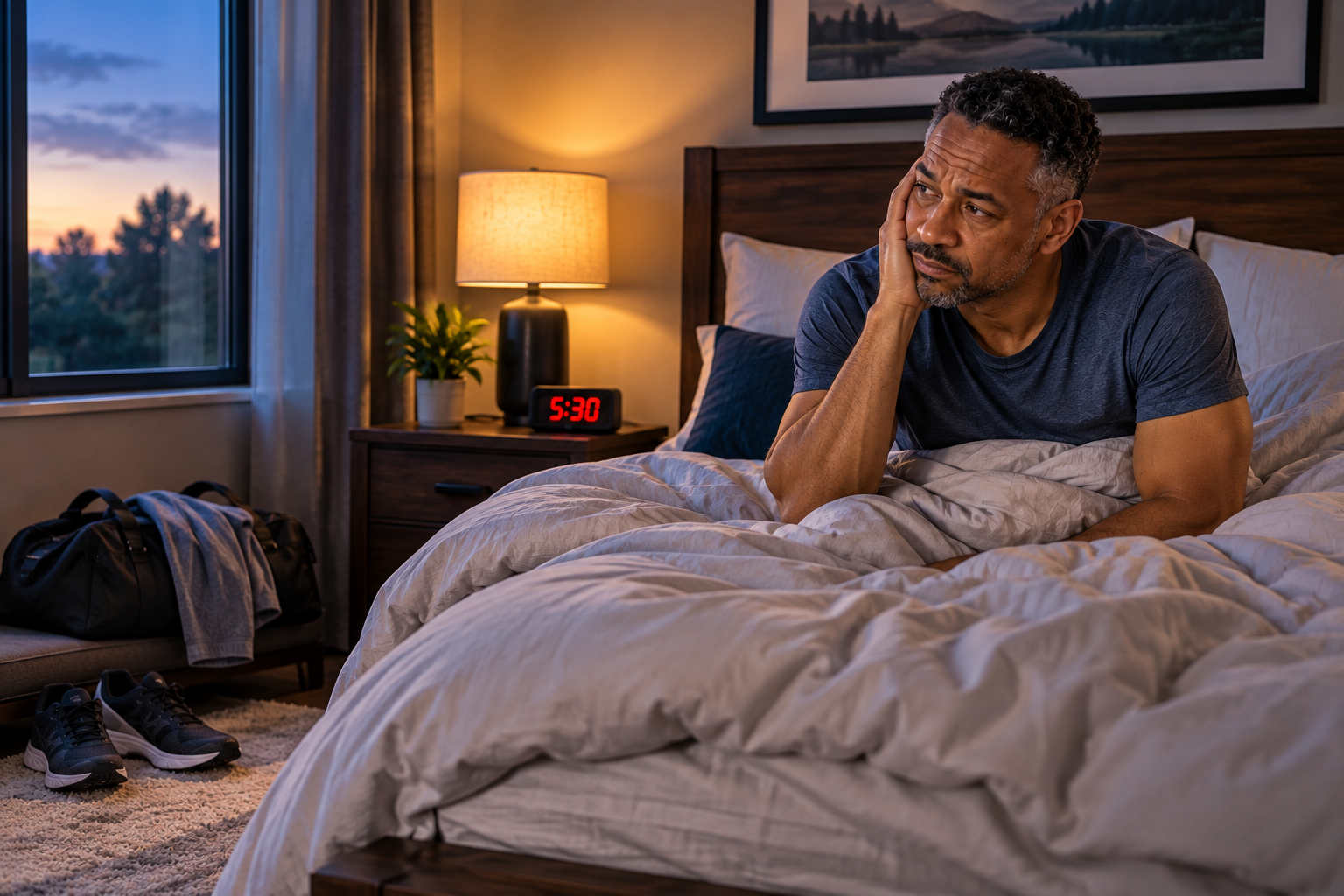 Marcus sitting awake in bed after poor sleep while deciding whether he has the energy to exercise