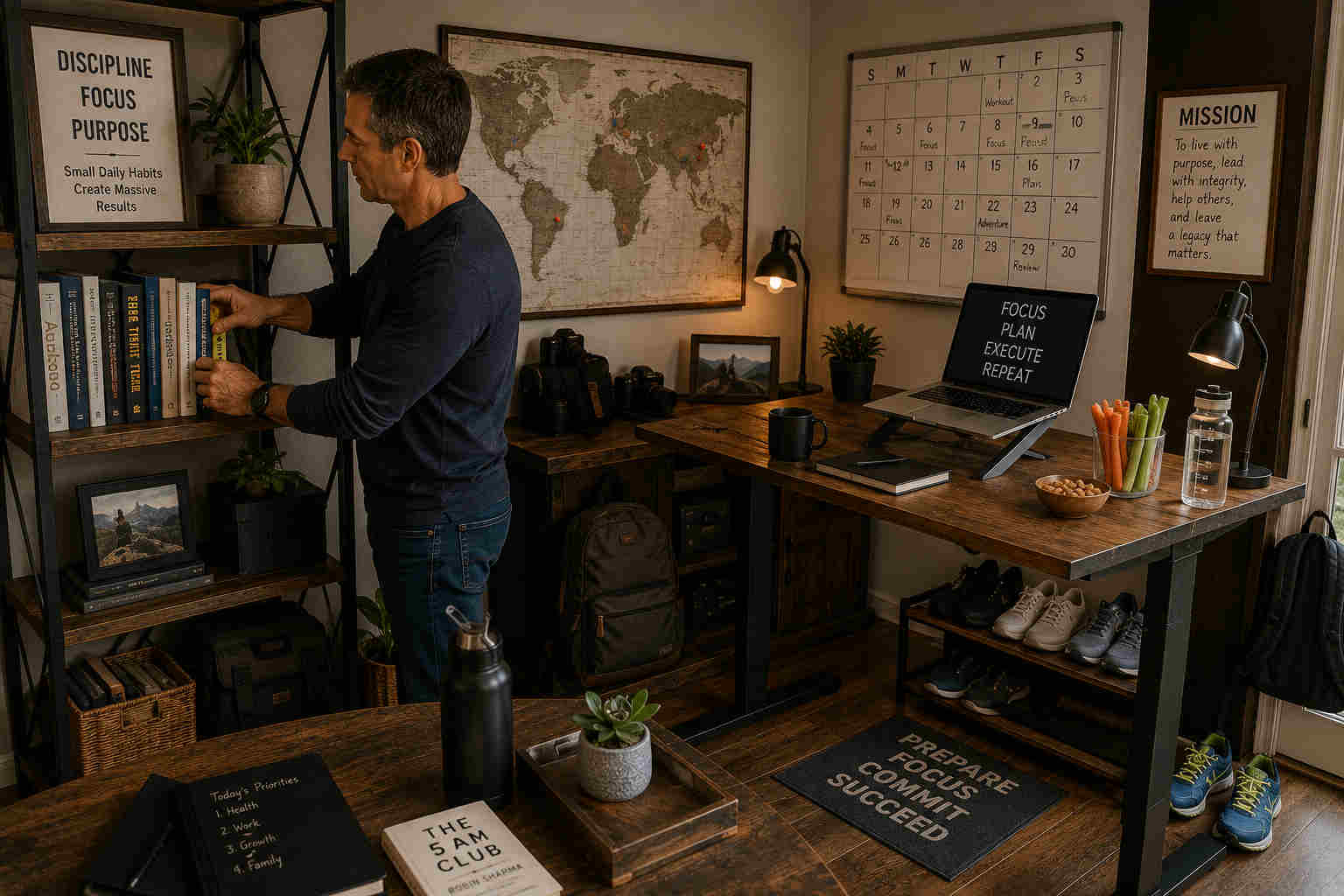 Man reorganizing a home office with books, standing desk, running shoes, healthy snacks, calendar, camera equipment, backpack, world map, and mission statement