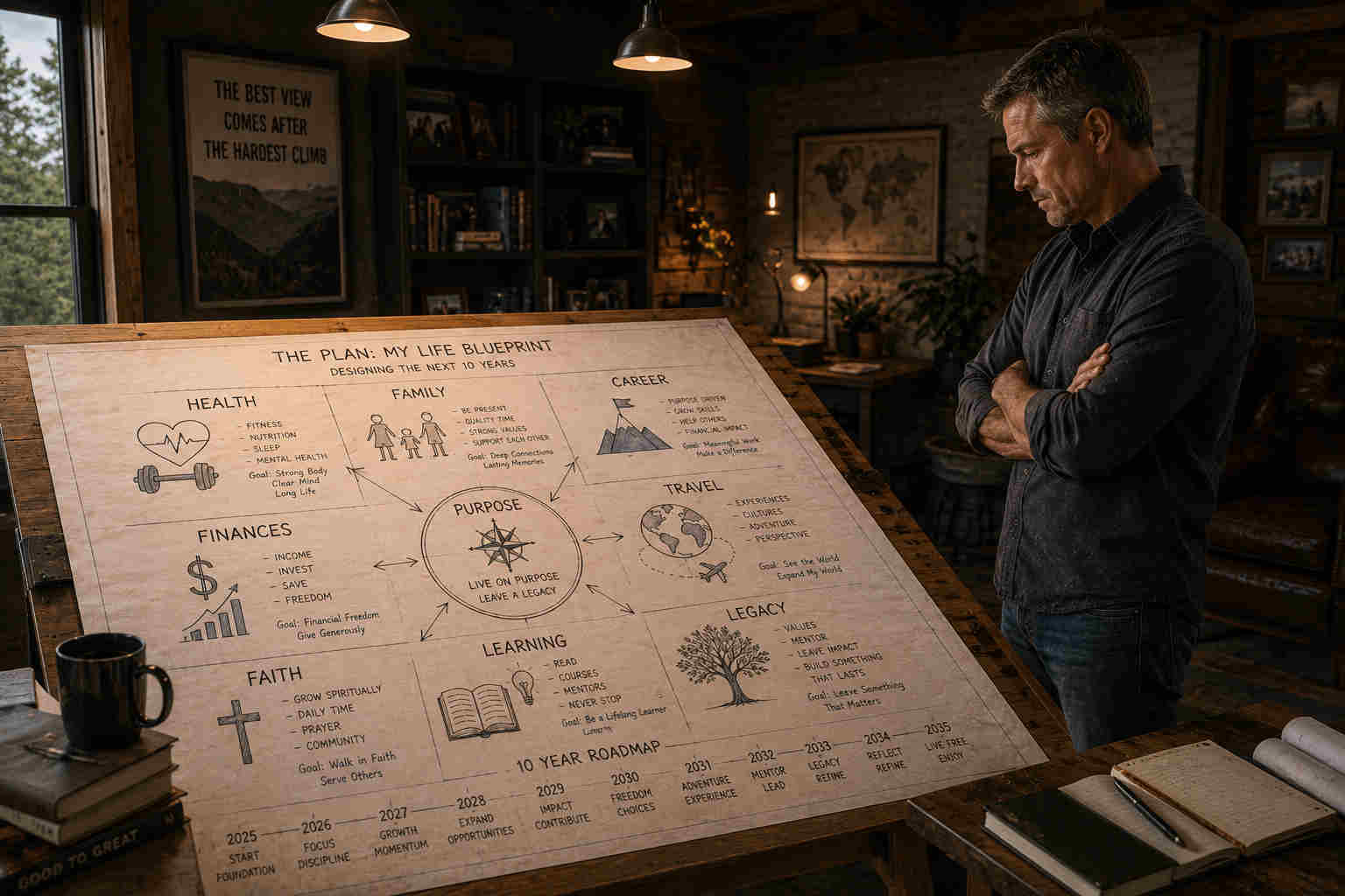 A man studies a detailed ten-year life blueprint covering health, family, career, travel, finances, faith, learning, and legacy