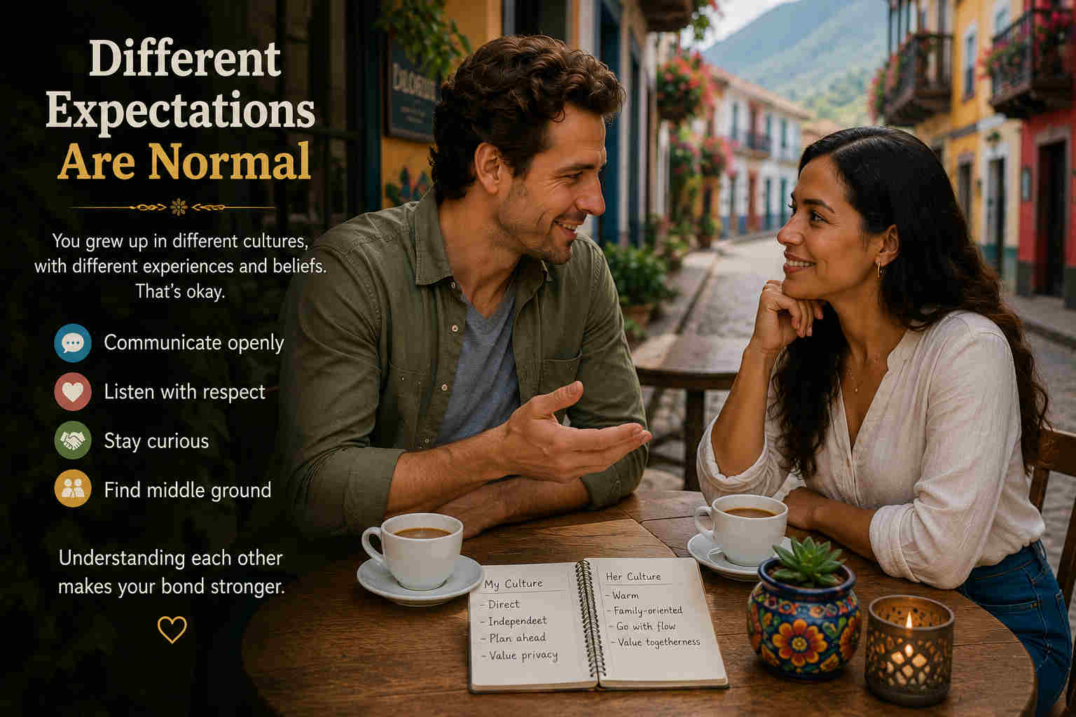 A couple reviews a notebook of shared values and relationship expectations from an over-the-shoulder view