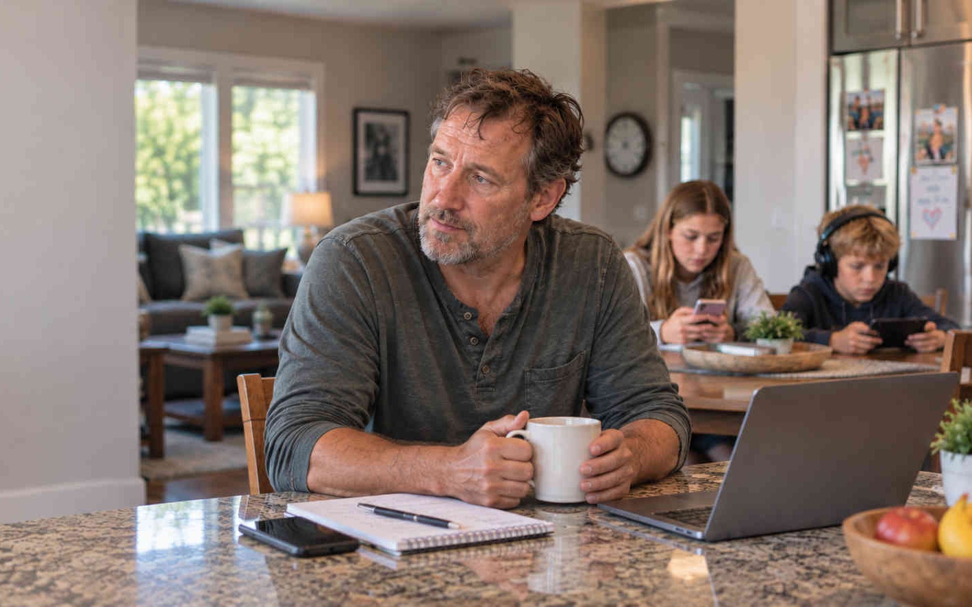 A father talks with his teenage son at home while working through different parenting rules between two households