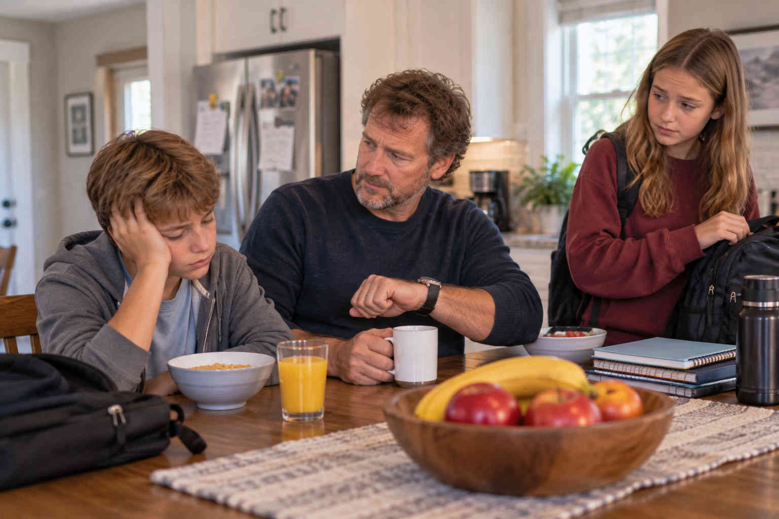 Concerned father at breakfast with his tired son and daughter before school