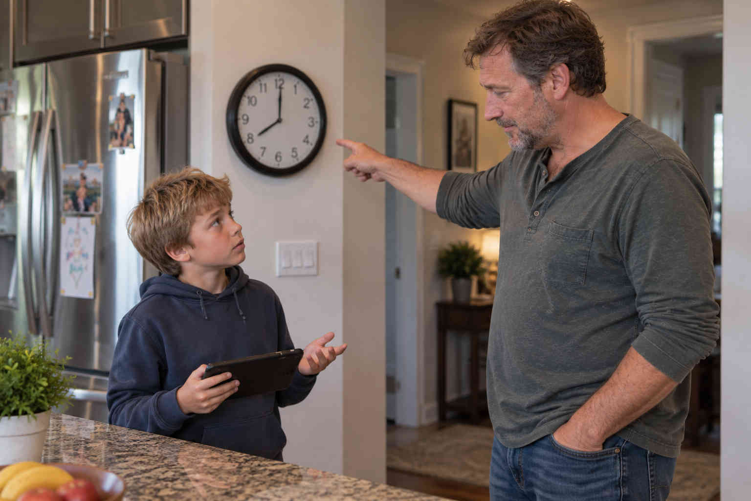 Father calmly talking with his son about screen-time rules at Dad's house