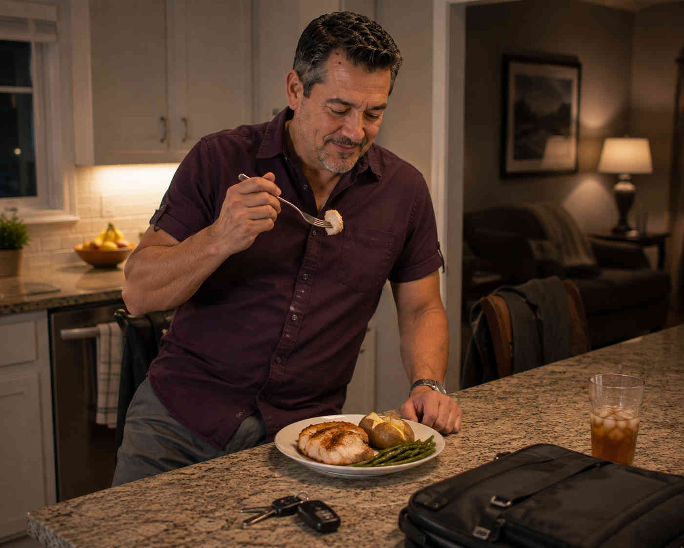 Middle-aged man eating a simple chicken, baked potato, and green bean dinner after a long workday