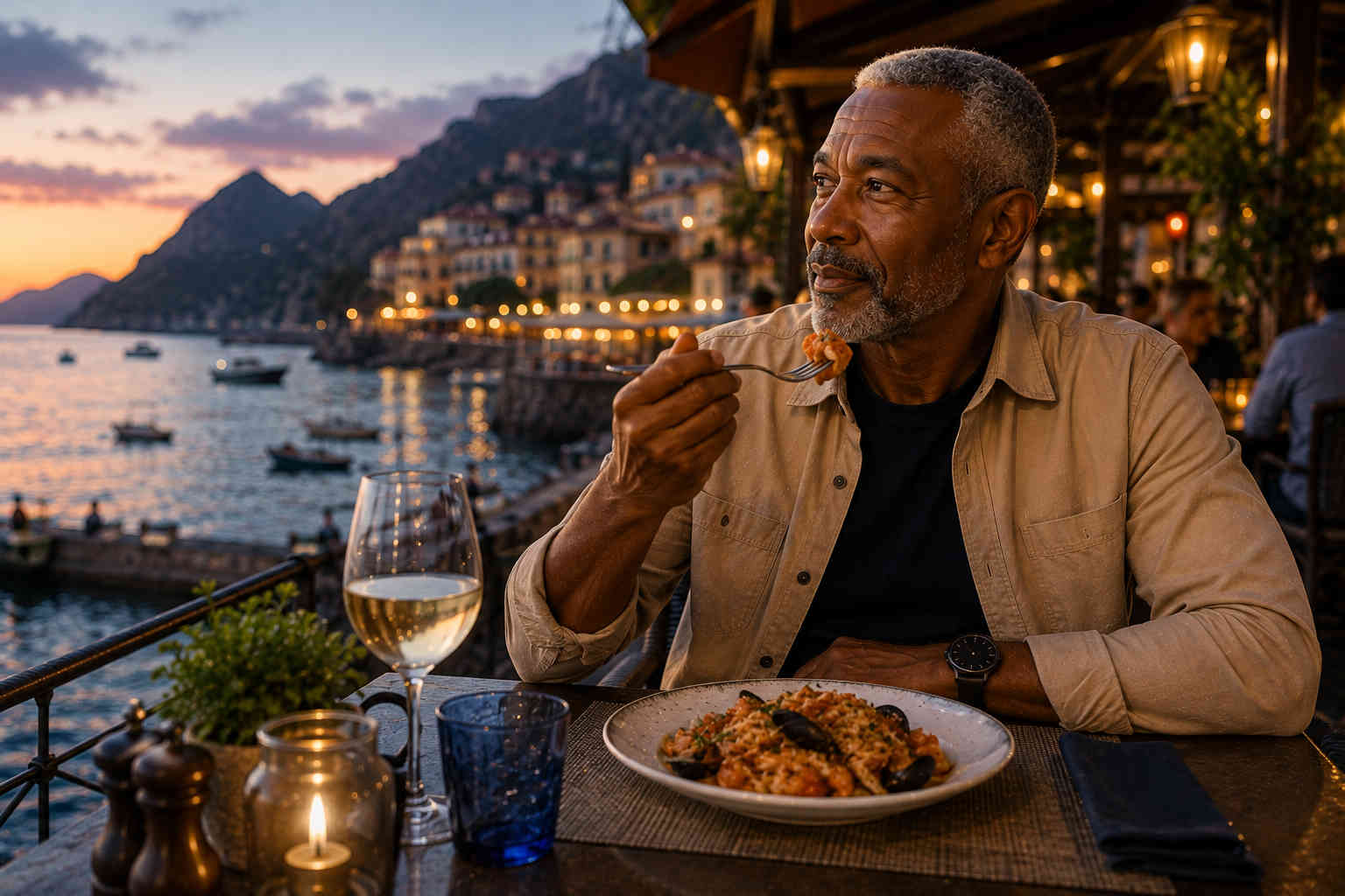 Divorced man enjoying dinner alone at a waterfront restaurant at sunset