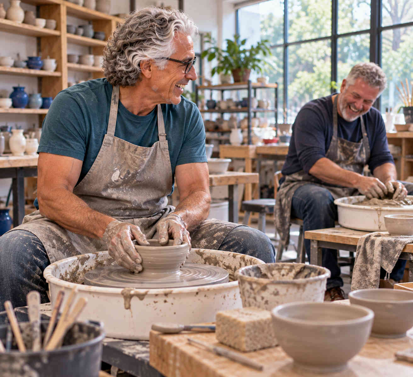 Older man laughing with another student while learning pottery