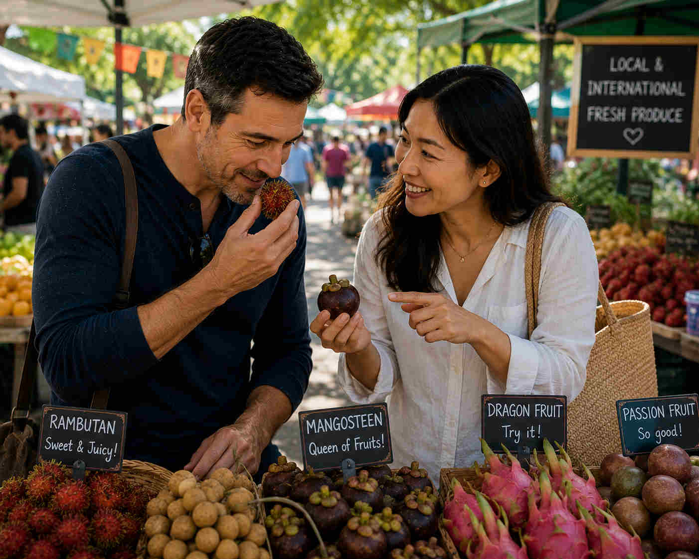 Couple exploring tropical fruit at an outdoor farmers market