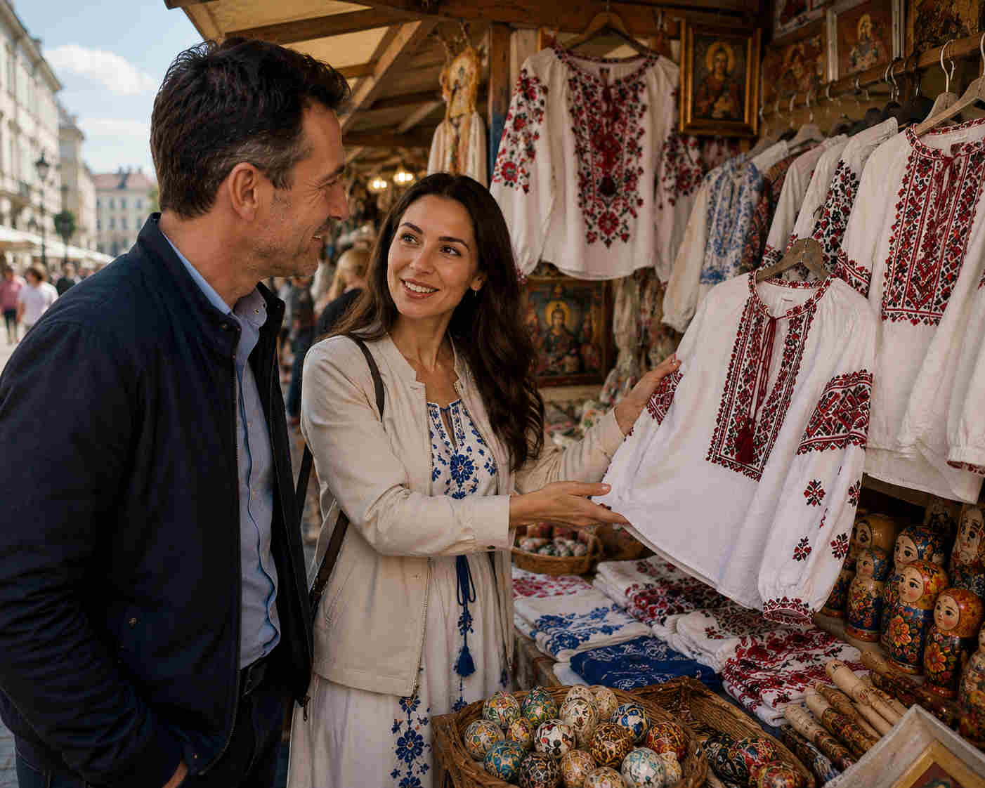 Couple browsing Ukrainian vyshyvanka clothing and handmade crafts at a traditional market