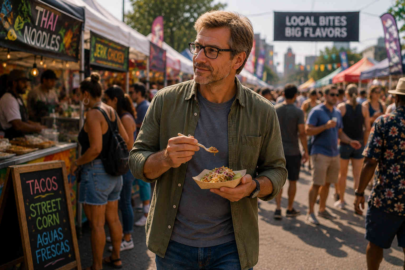 Man walking through a crowded outdoor food festival sampling dishes from vendors under colorful tents
