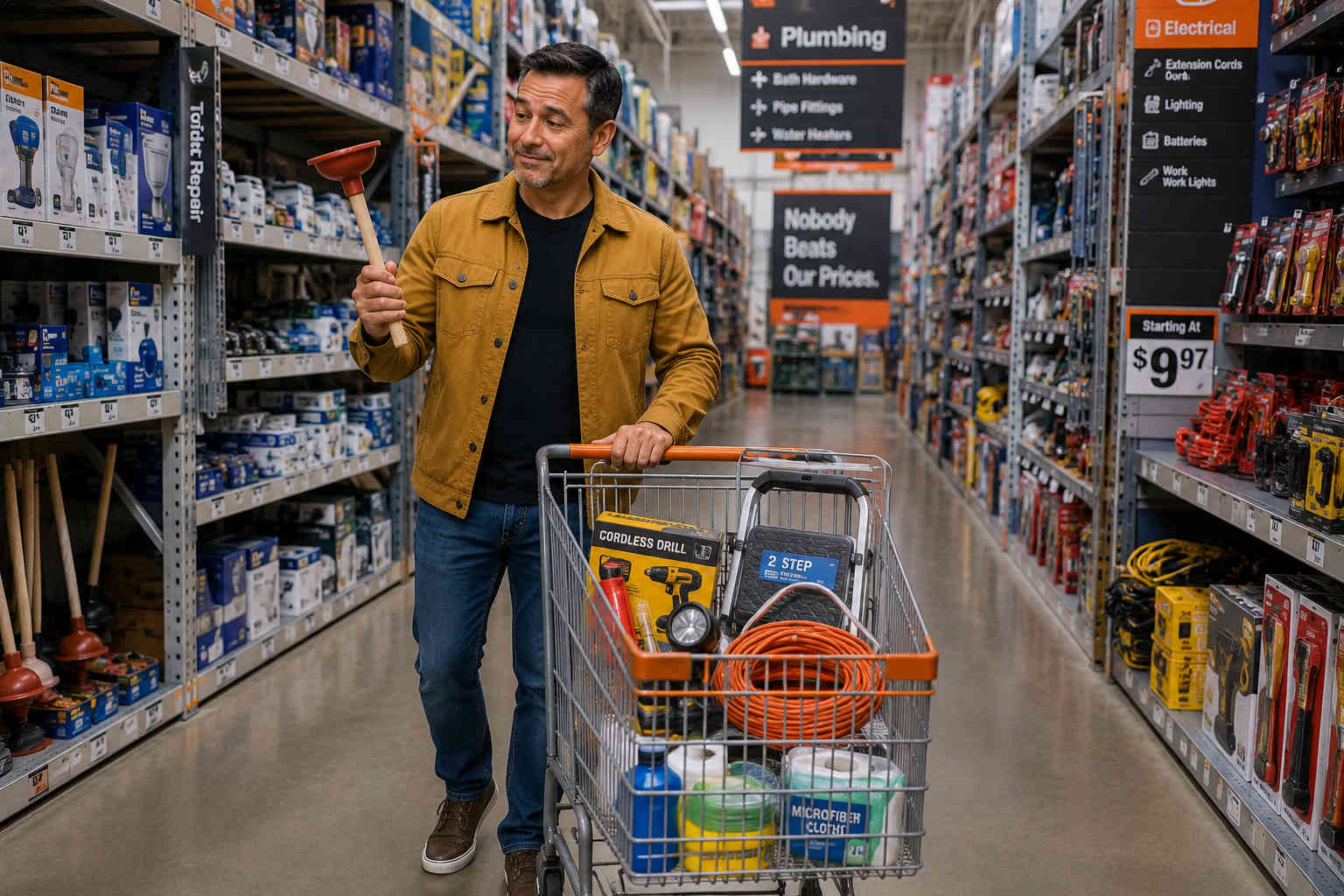 Man shopping for basic household tools and supplies after divorce