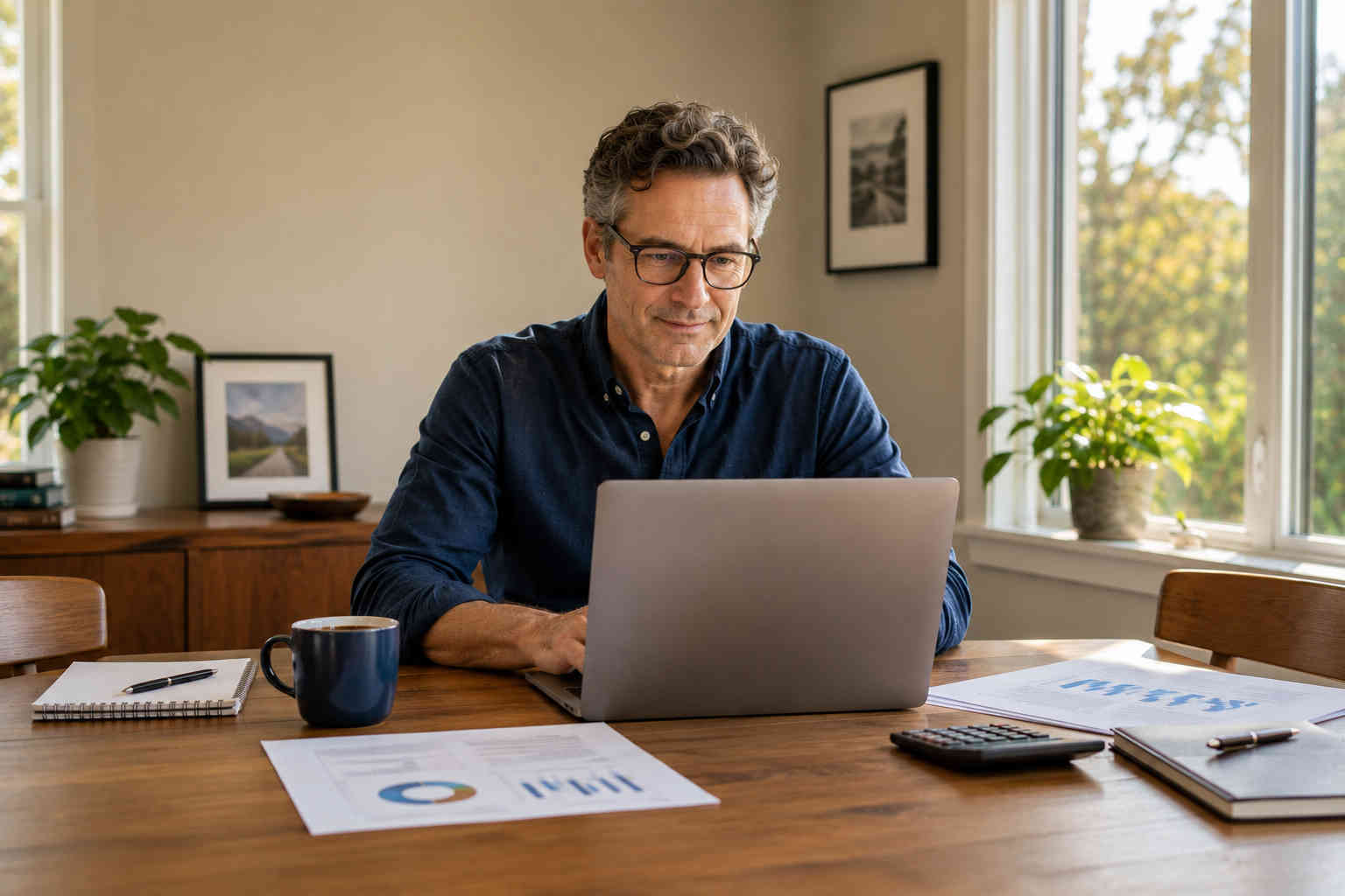Middle-aged man reviewing financial information on a laptop at home as he rebuilds his finances after divorce