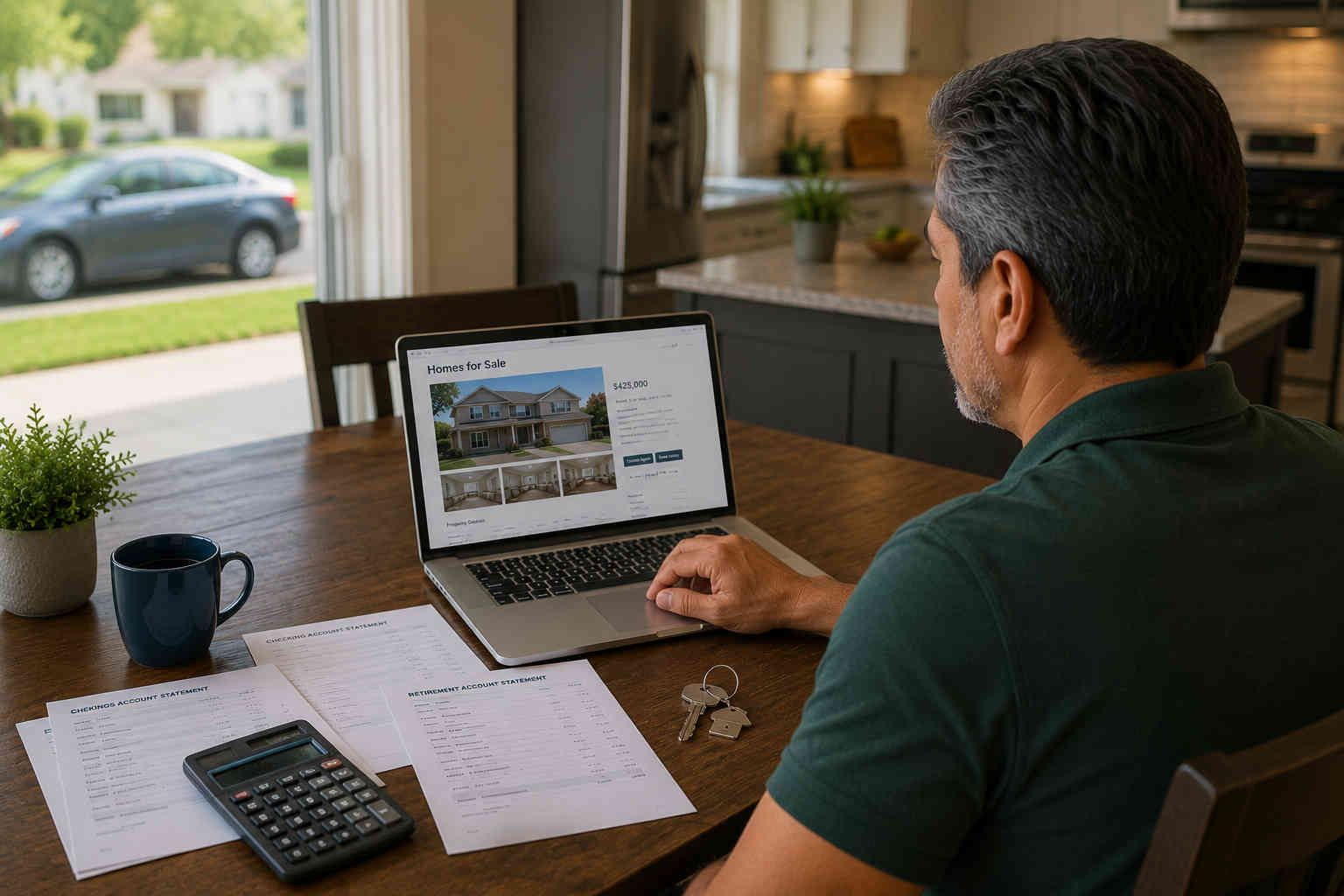 Over-the-shoulder view of a man reviewing a home listing, account statements, calculator, and available cash before making a down payment