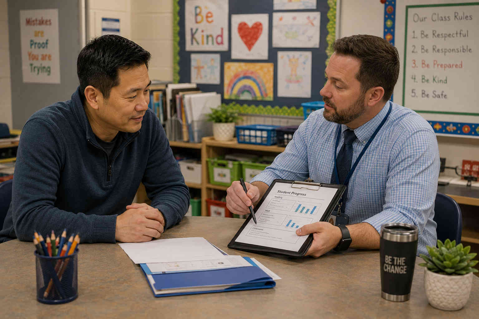 Chinese divorced father listening during a parent-teacher conference in a classroom