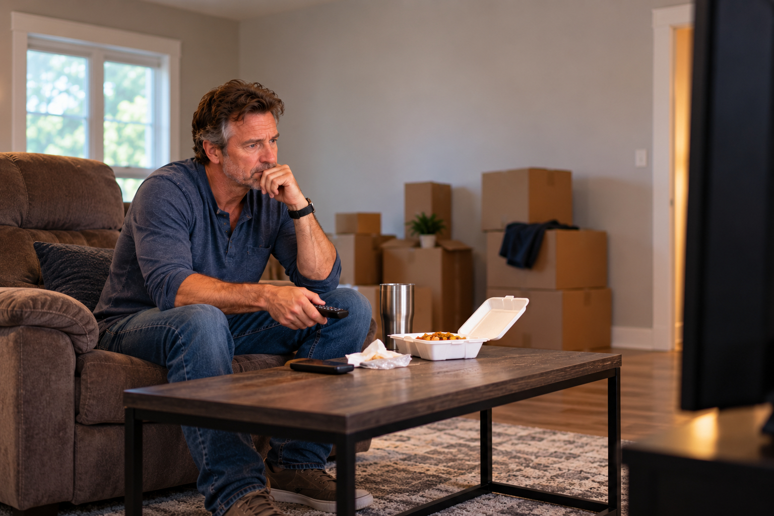 Divorced man sitting alone in a sparsely furnished new home with moving boxes