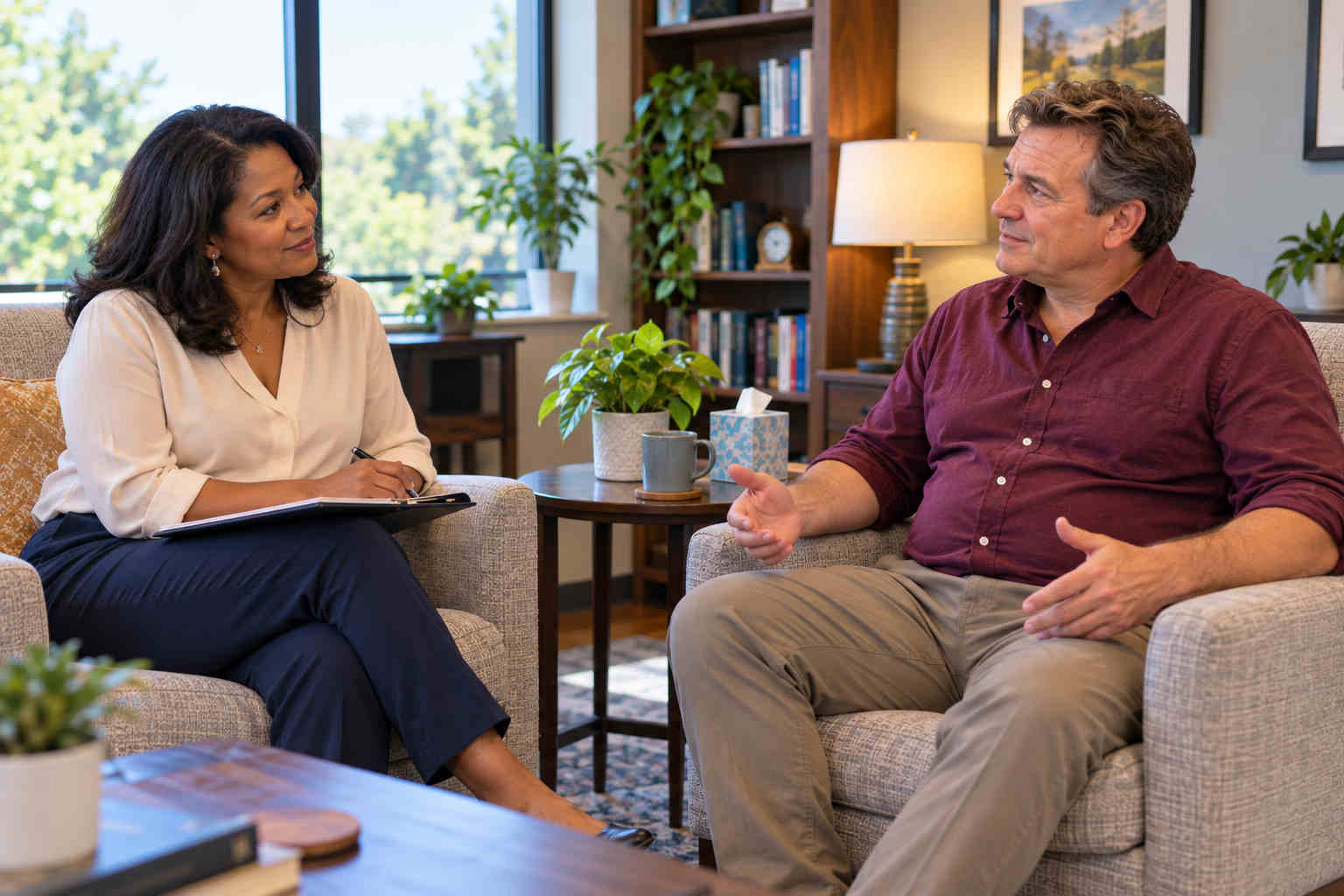 David talking openly with a therapist in a comfortable counseling office