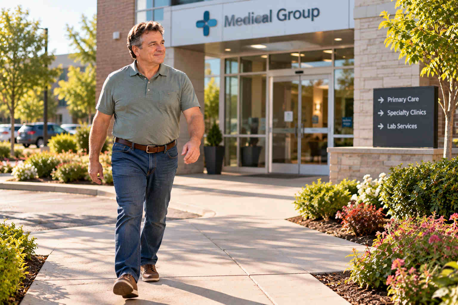 David leaving a medical office building smiling after taking steps to protect his health