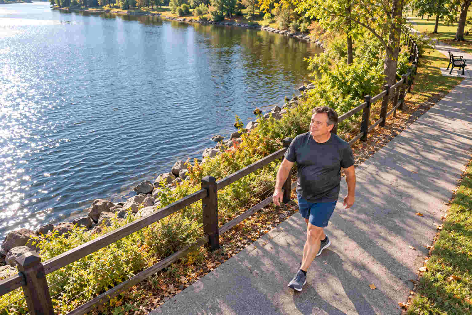 Elevated view of David walking beside a lake on a park path