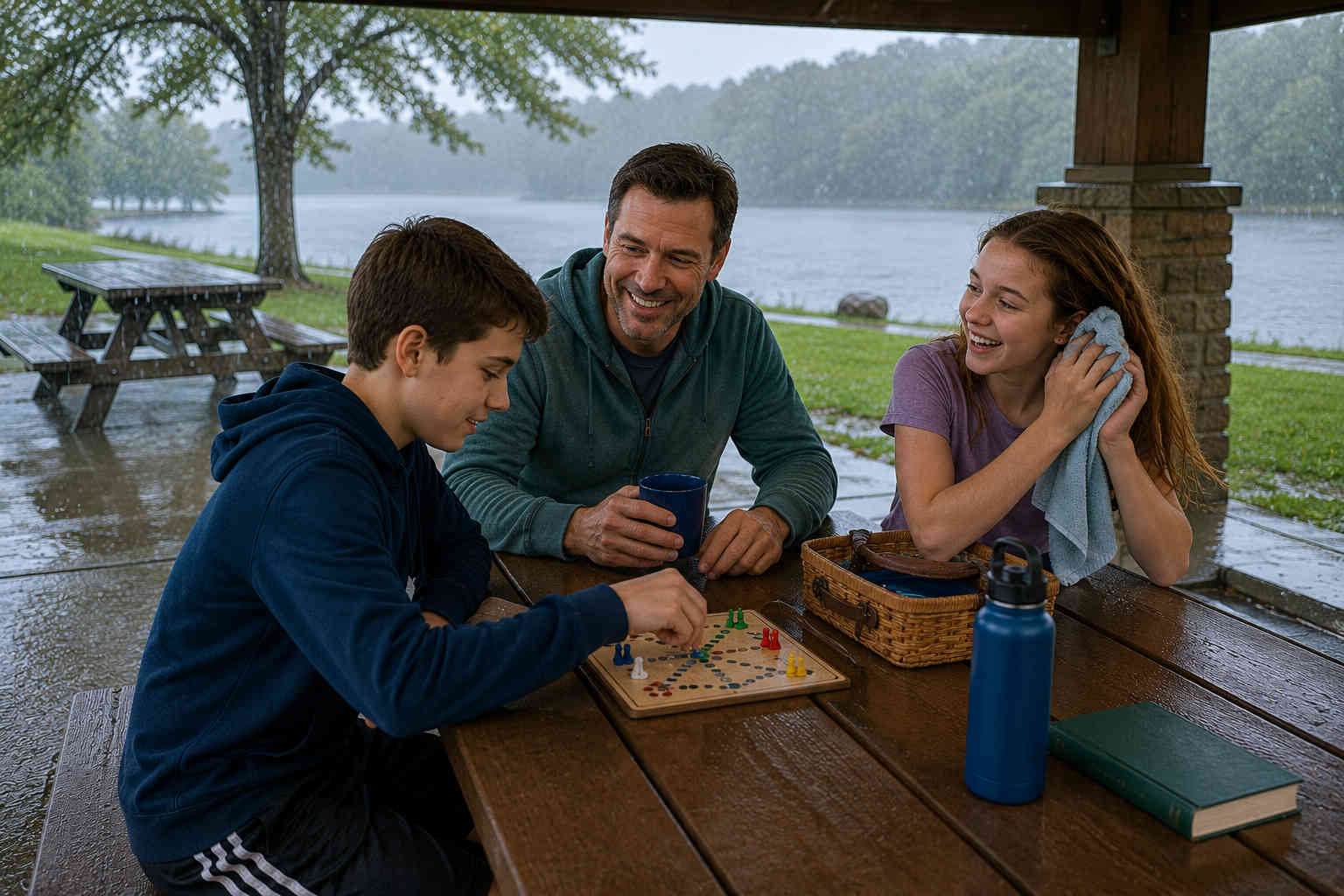 Father and children playing a board game under a pavilion after rain ruins their outdoor plans