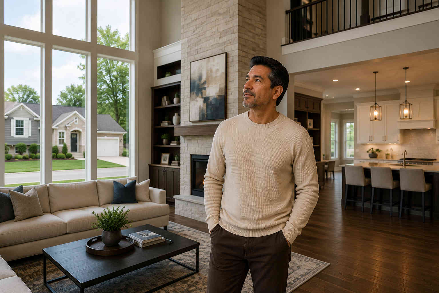 Man standing inside a large upscale house and considering whether he really needs that much home