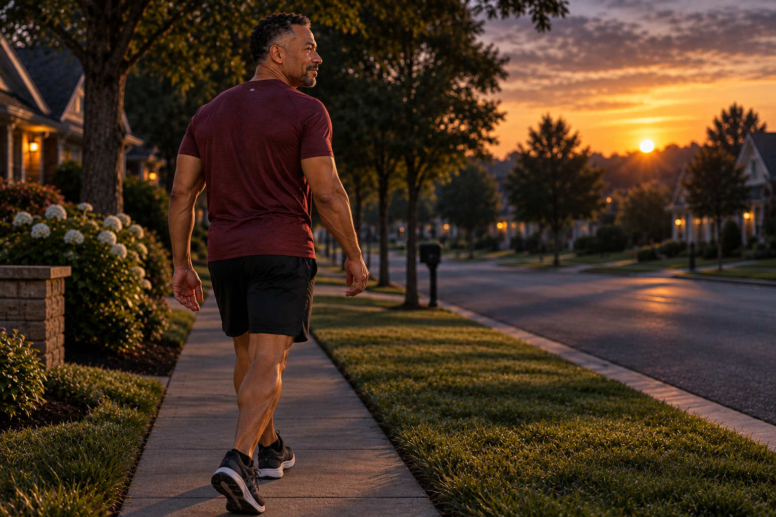 Marcus taking an early morning walk outdoors as part of a sleep-supporting routine