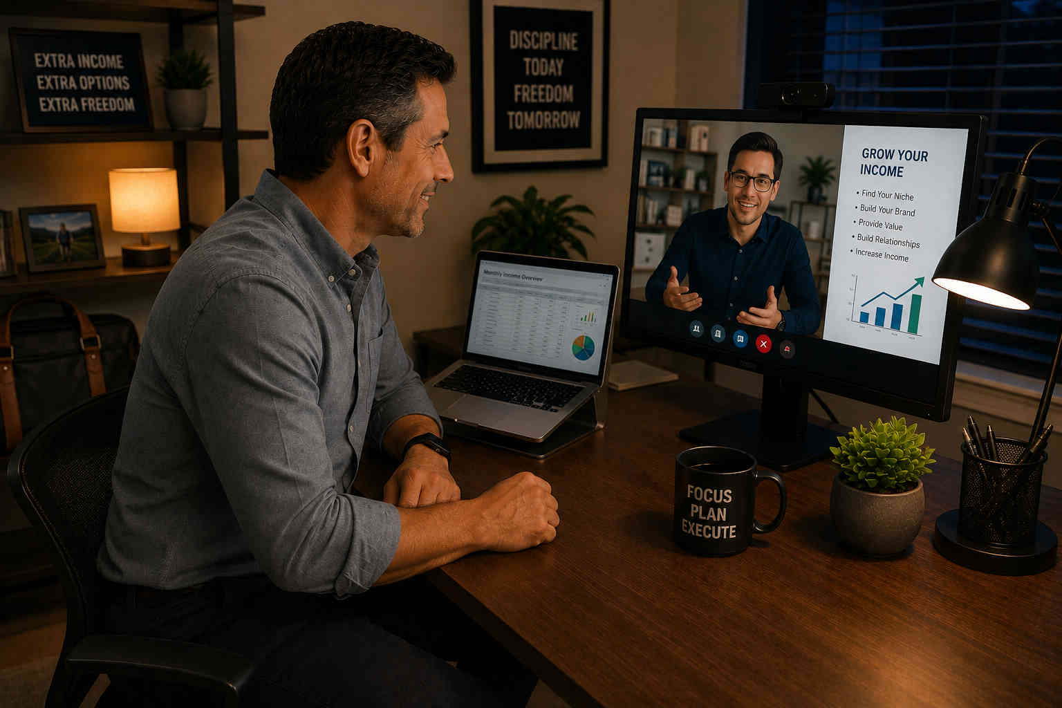 Man doing evening freelance work from his home office while participating in a client video call