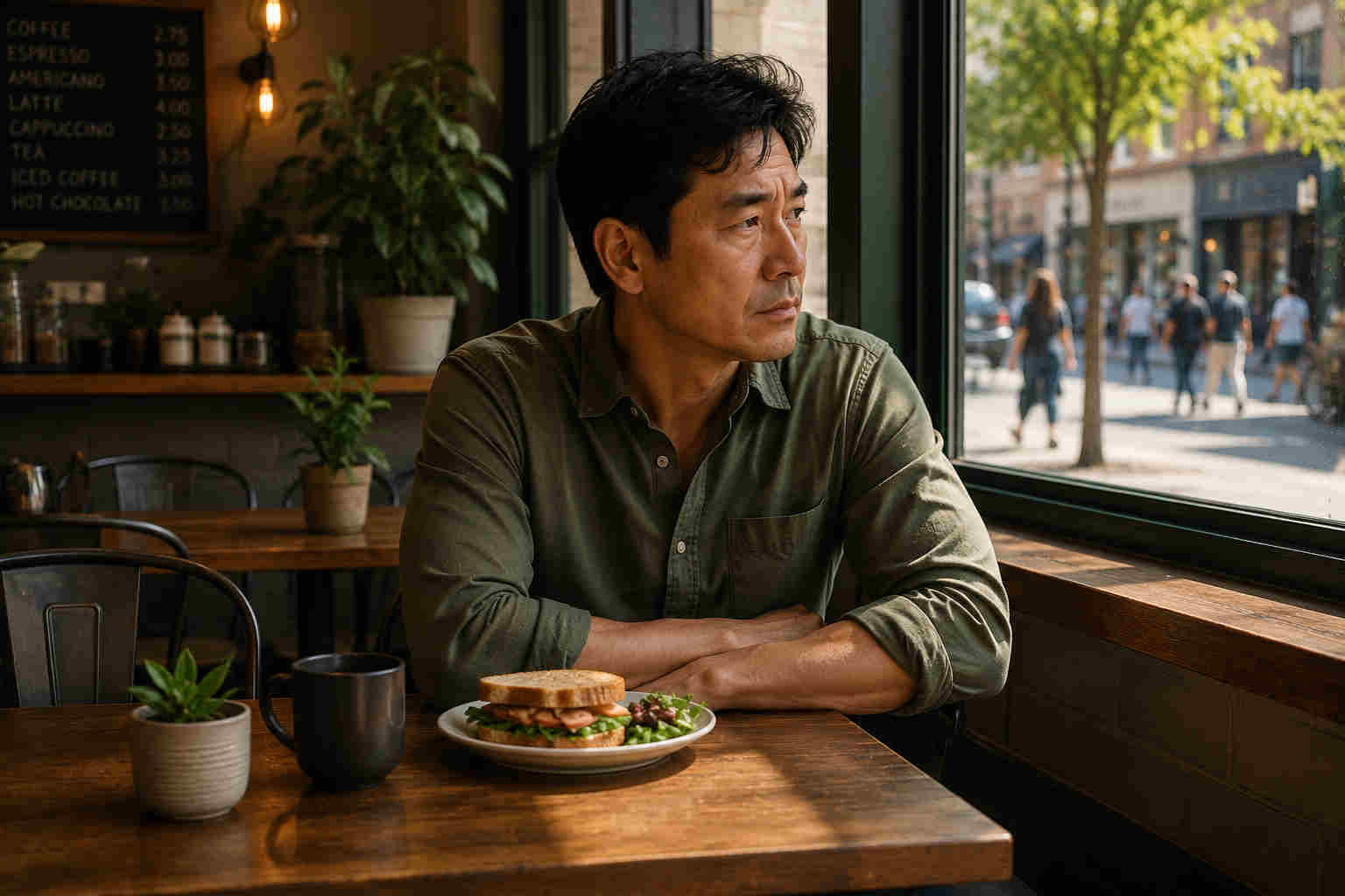 Asian man having lunch alone at a cafe while calmly watching people outside