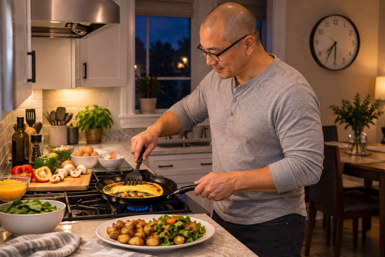 Man cooking a vegetable and cheese omelet for dinner with roasted potatoes and salad