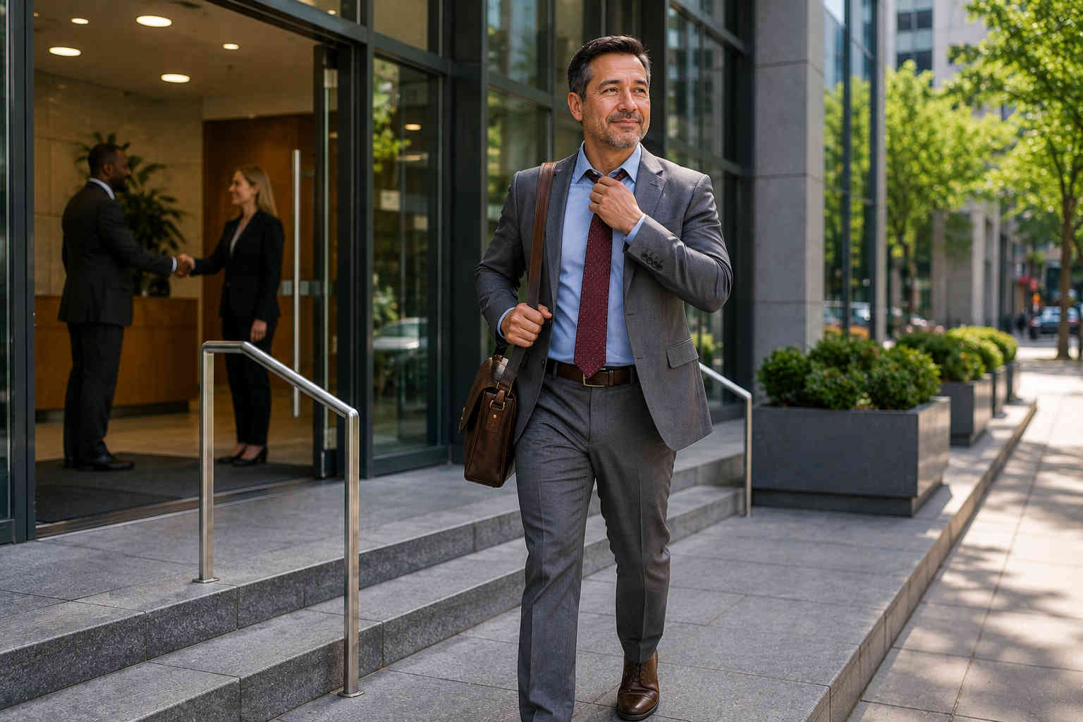 Confident man leaving a job interview with enough financial breathing room to choose his next opportunity carefully