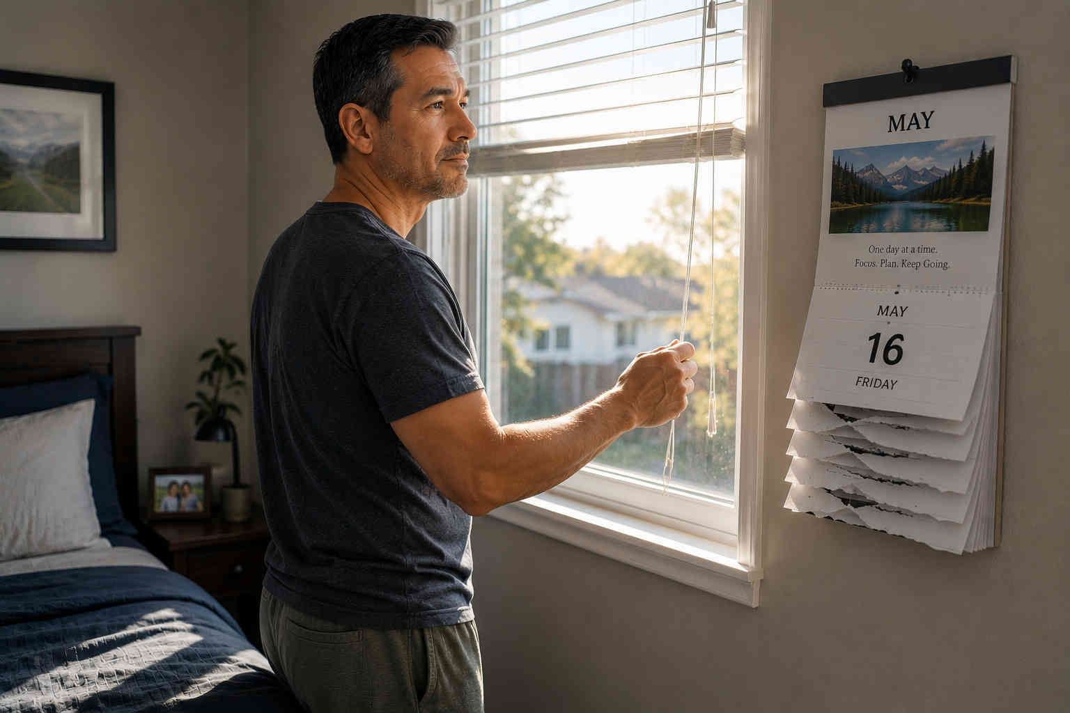 Man opening bedroom blinds beside a tear-off calendar as morning light marks another day of financial independence