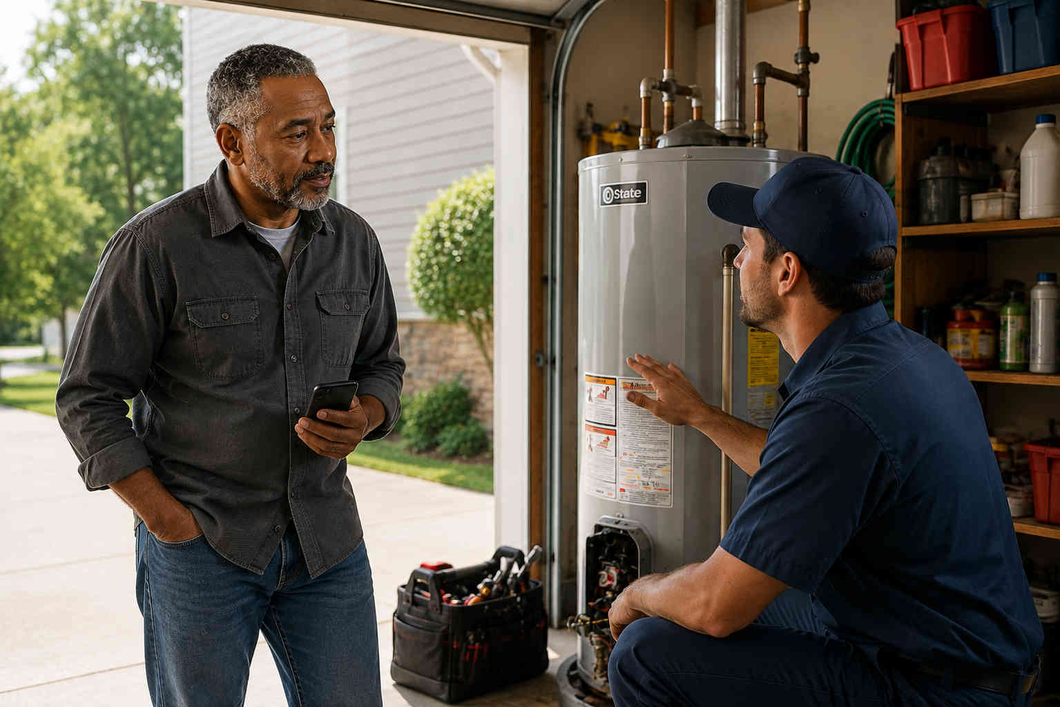 Homeowner discussing an unexpected water heater repair with a technician in his garage